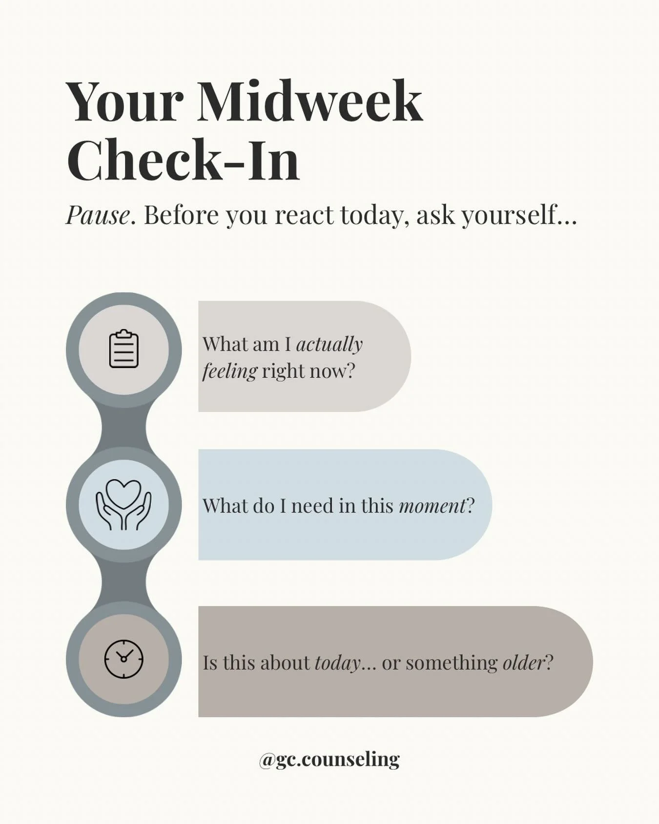 Midweek is a great time to check-in with yourself - instead of just powering through.

Take 30 seconds and answer one of these questions&hellip; and if it brings up things for you that you want to chat about - We are here! 

📌GC Counseling
Link is i