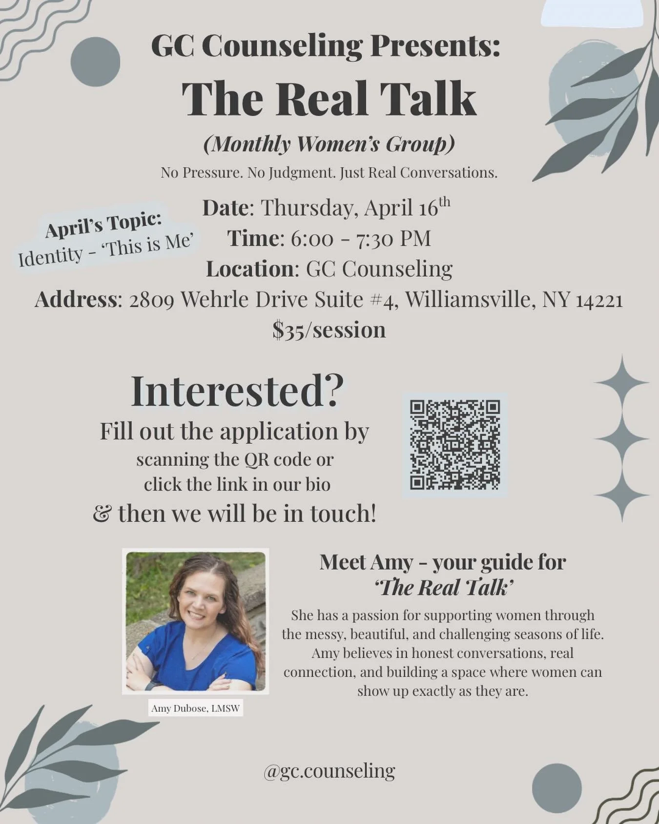 The Real Talk: Monthly Women&rsquo;s Group at GC Counseling

Thursday, April 16th at 6:00pm
Location: GC Counseling in Williamsville, NY
$35/session

GC Counseling is now offering a monthly women&rsquo;s therapy group in Williamsville, NY designed to
