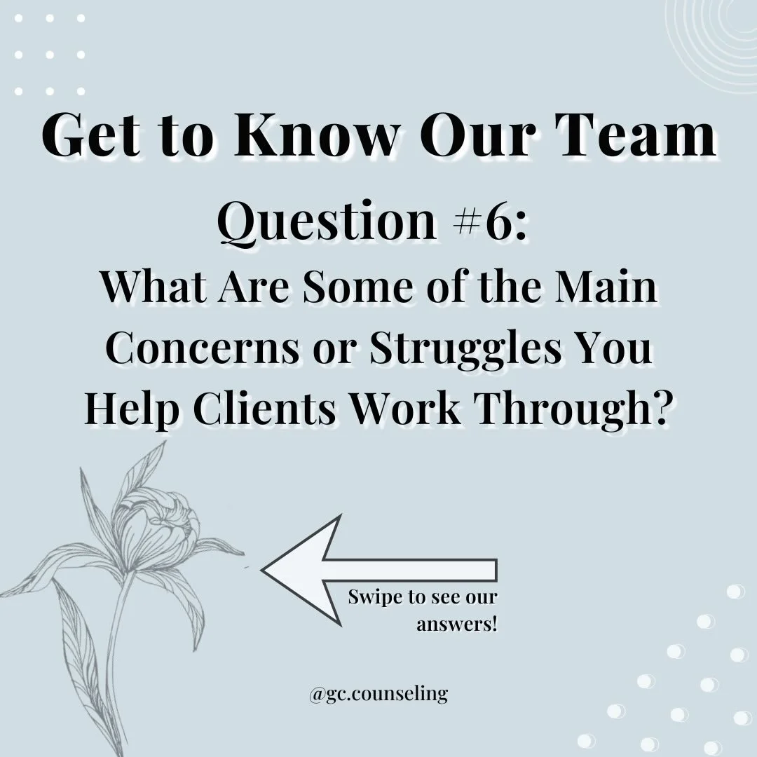 Question 6 of the Get to Know the GC Counseling Team Series ✨

Here&rsquo;s what we help our clients work through every day.

Swipe to get to know our team!! 
#therapy #counseling #buffalotherapy #therapist #ourteam