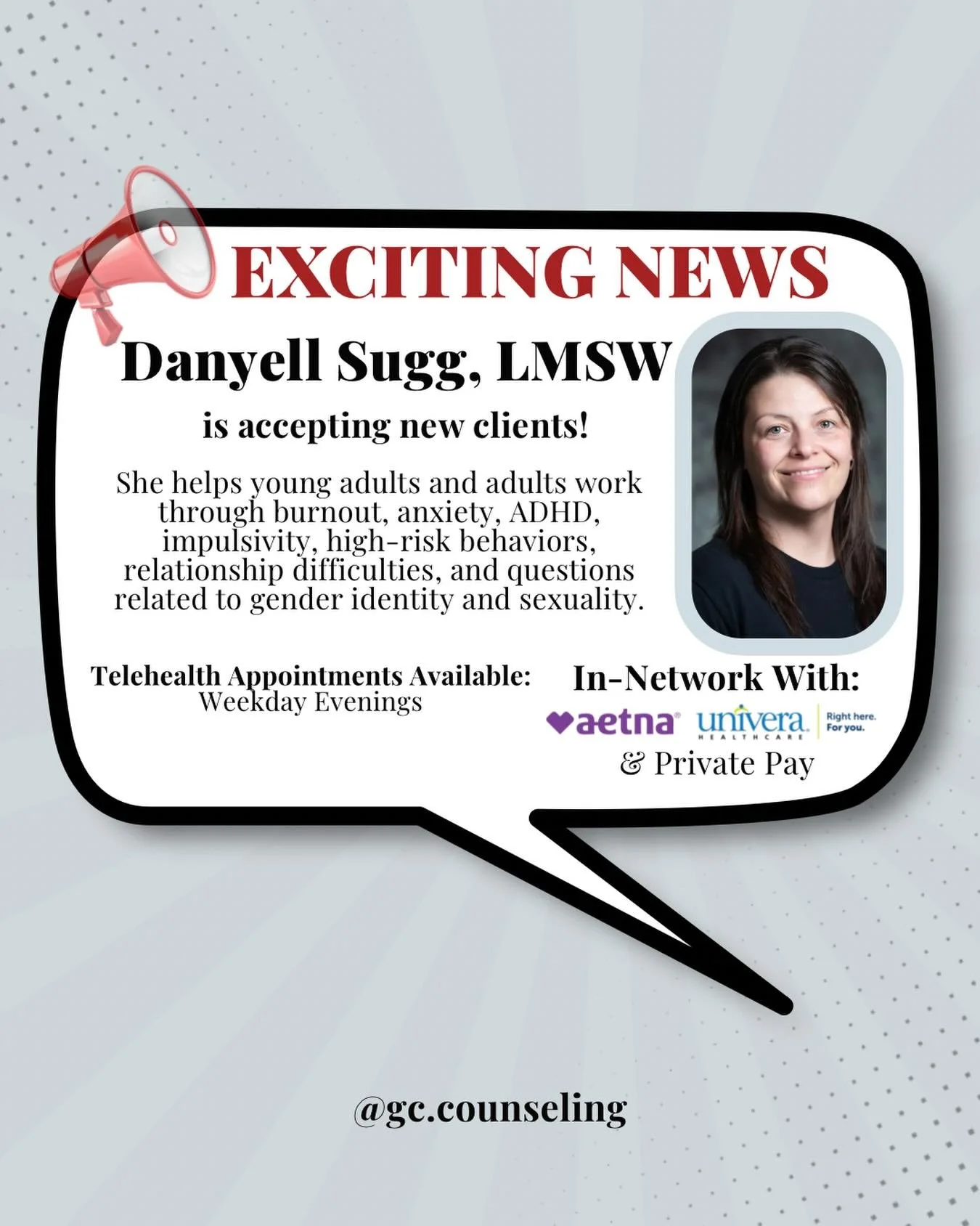Our therapist, Danyell Sugg, is currently accepting new clients! 

🖥️ Telehealth appointments 🌙 Weekday evenings 💳 In-network with Univera and Aetna ✨ Private pay options available

📲 Link in bio or message us with any questions!

#buffalocounsel