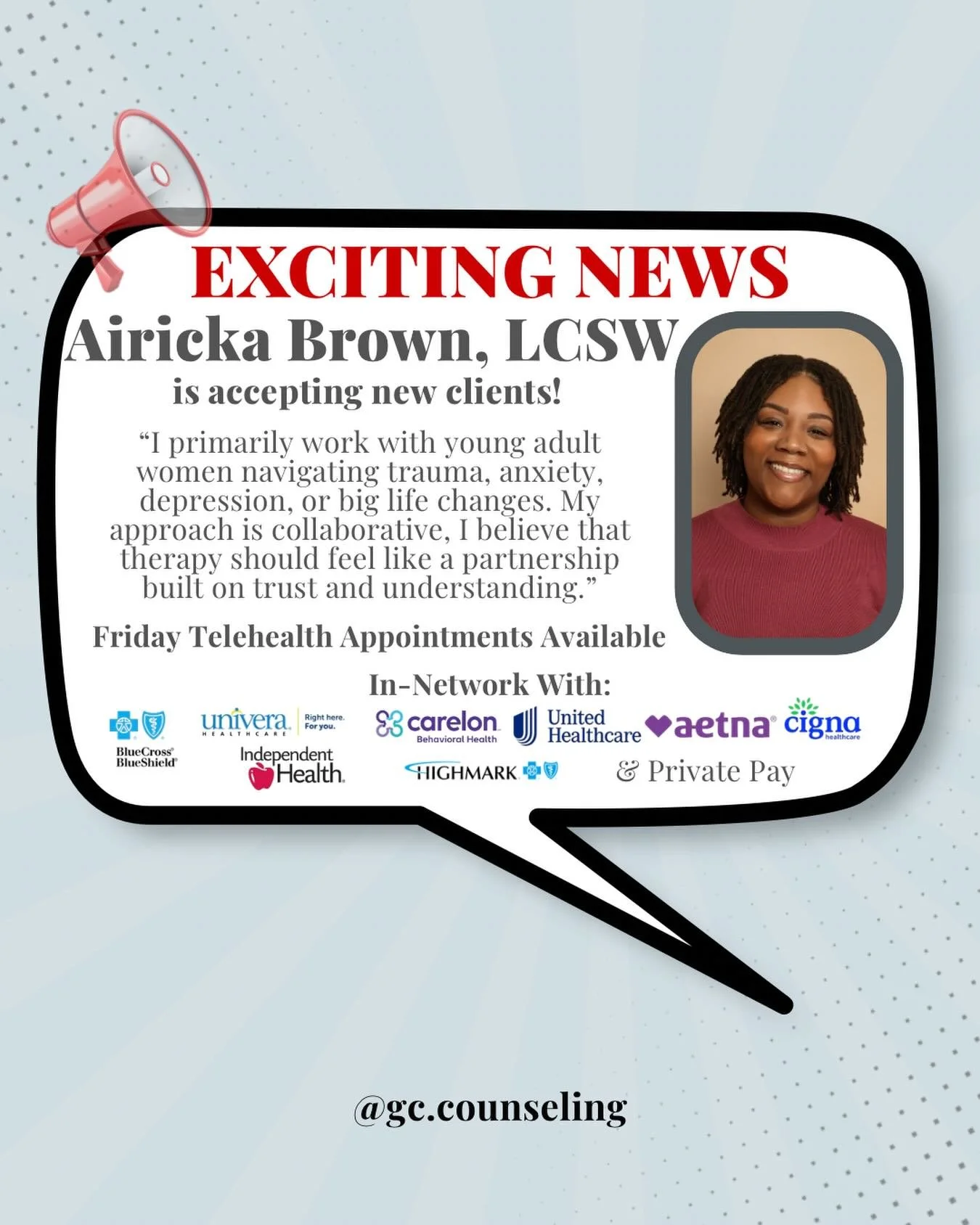 🎉 Now Accepting New Clients! 🎉

We&rsquo;re excited to share that Airicka Brown, LCSW, is currently accepting new clients! She specializes in supporting young adults navigating trauma, anxiety, depression, and life transitions through a trauma-info