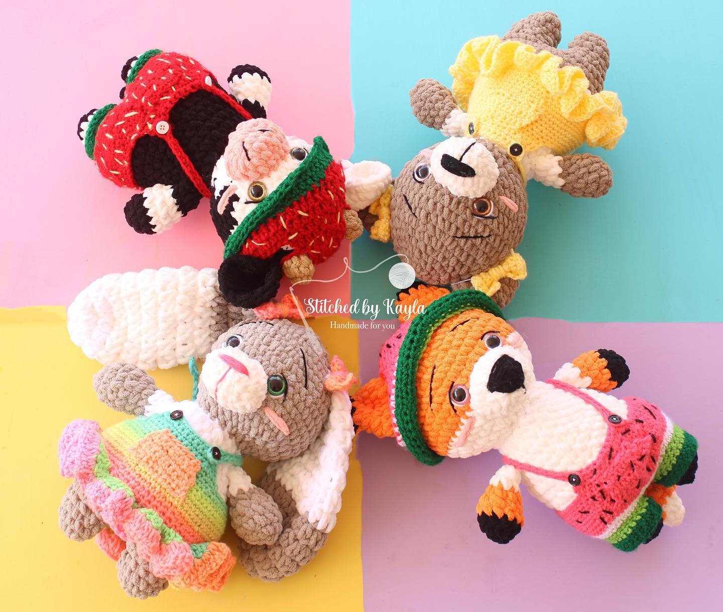 Y&rsquo;all look at my newest patterns 🥰 it went from being just a bear to a bunny to now a cow and a fox! I&rsquo;m adding them to my website now&hellip;..the strawberry outfit is the only one without a matching dress 😂 

#amigurumi #amigurumilove