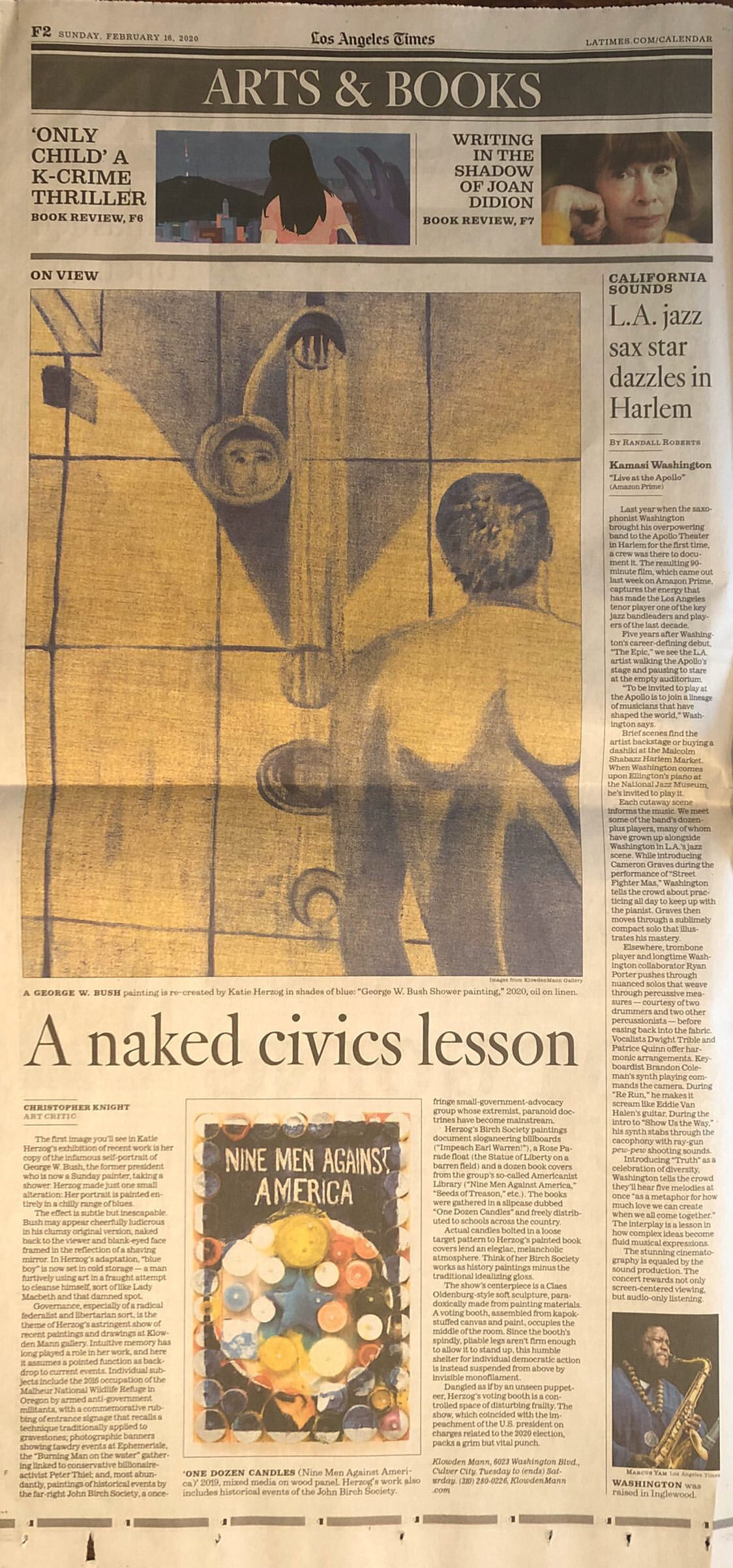 George W. Bush Shower Painting in the Los Angeles Times, February 16, 2020