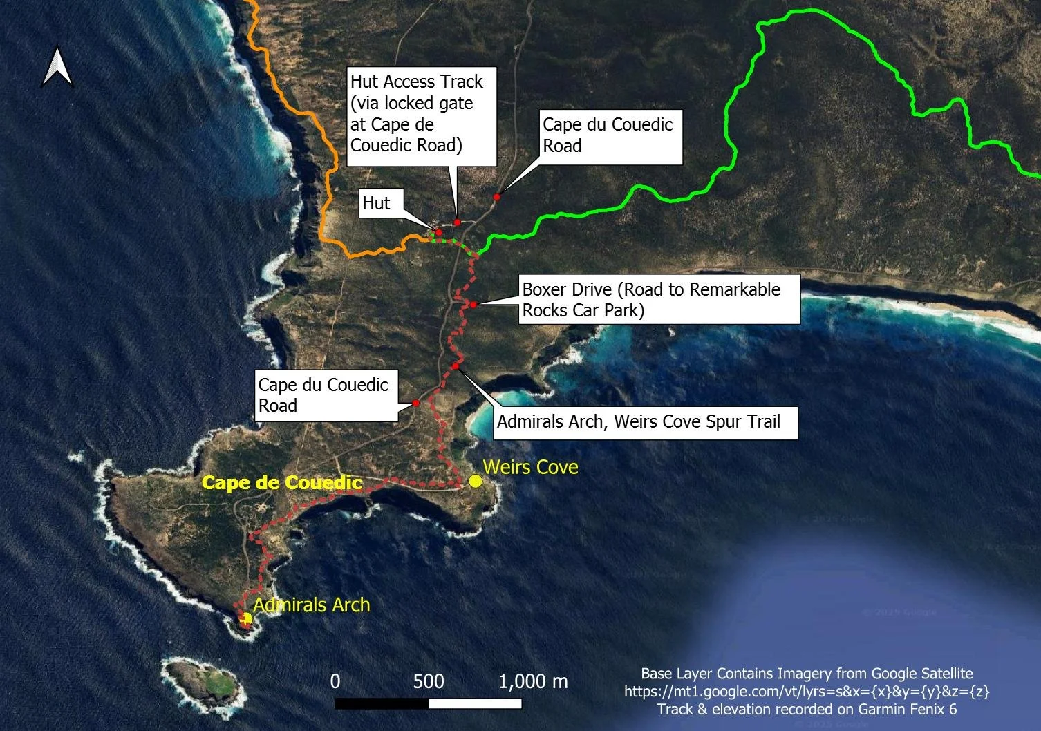 Map showing access to hut for food drop and spur trail to Cape de Couedic