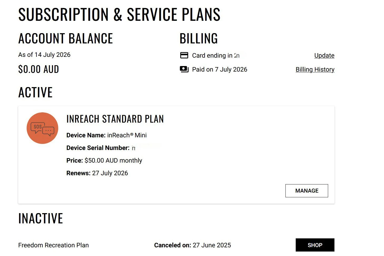 screenshot of Inreach subscription page
