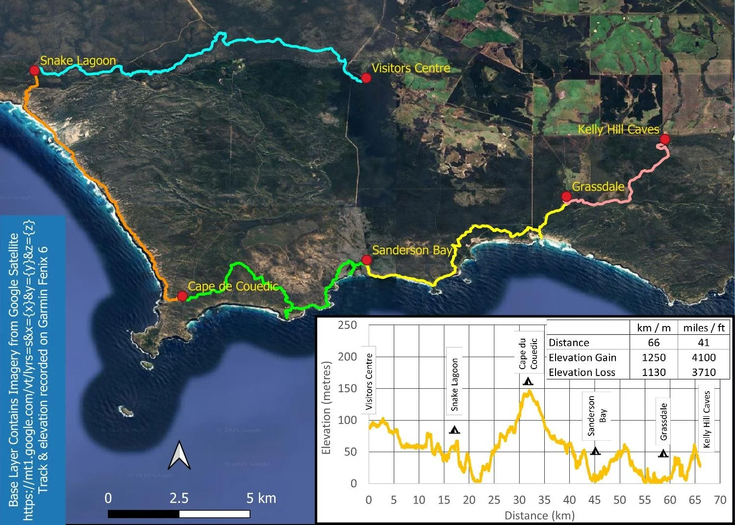 satellite map of hike with elevation profile