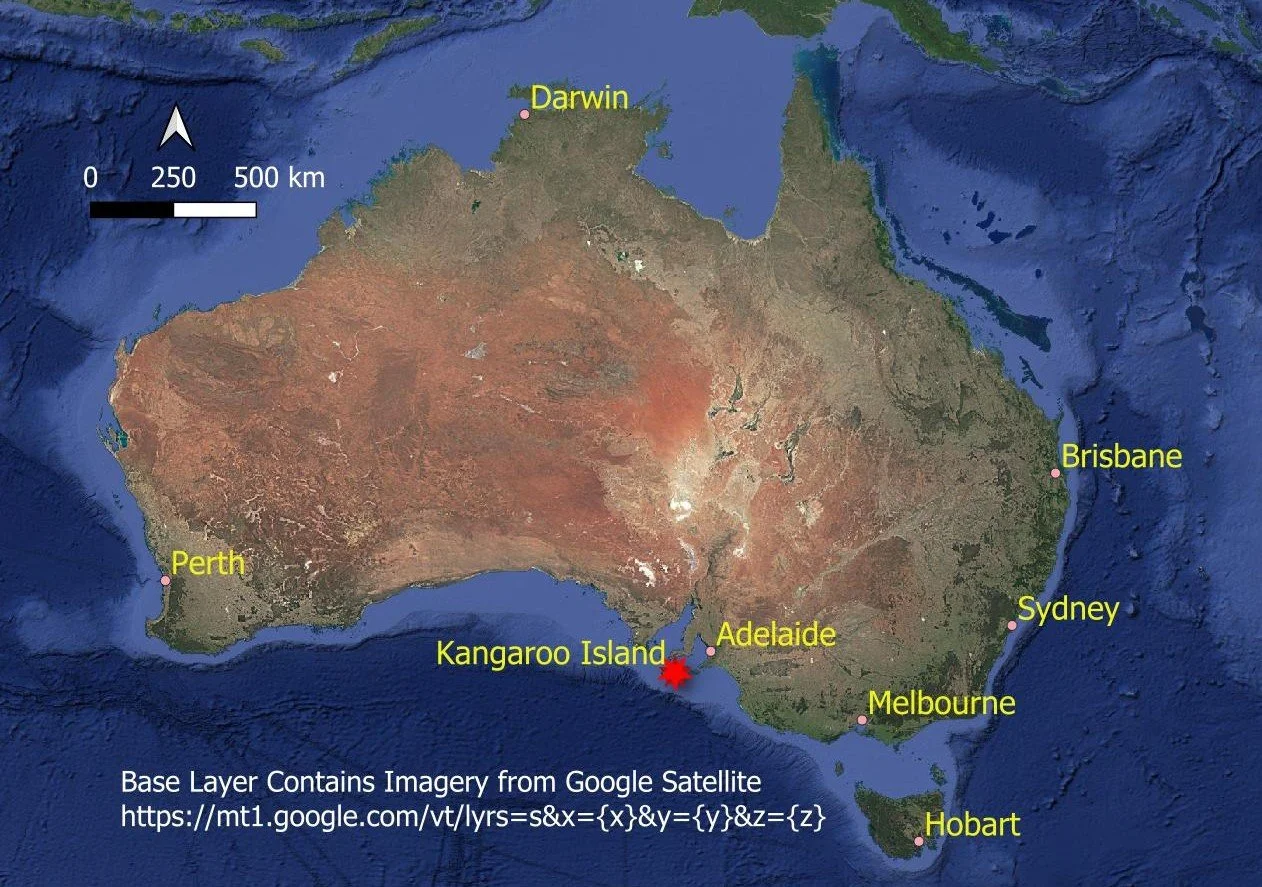 satellite map of Australia with kangaroo island at the bottom midway along the southern coastline