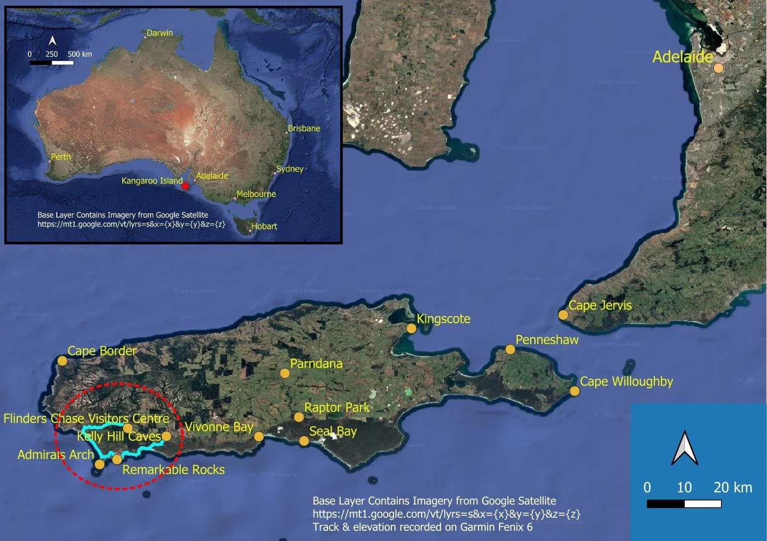 hike location map illustrating that the hike is near the south western coastline of KI