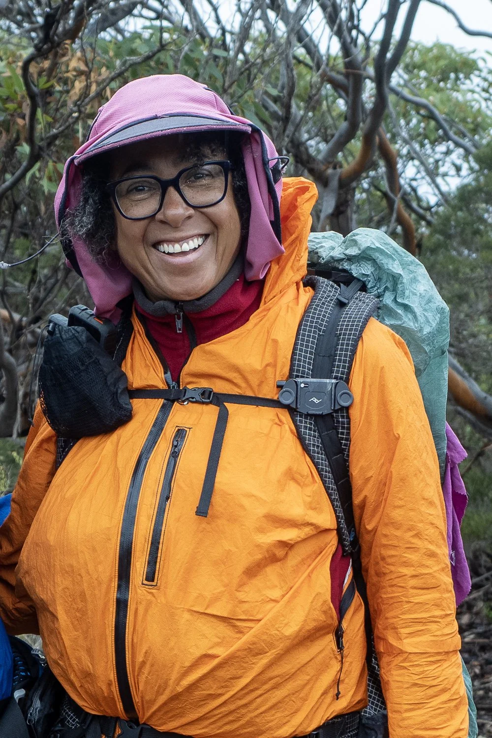 Helen with Inreach on right shoulder, illustrating its accessibility should she fall