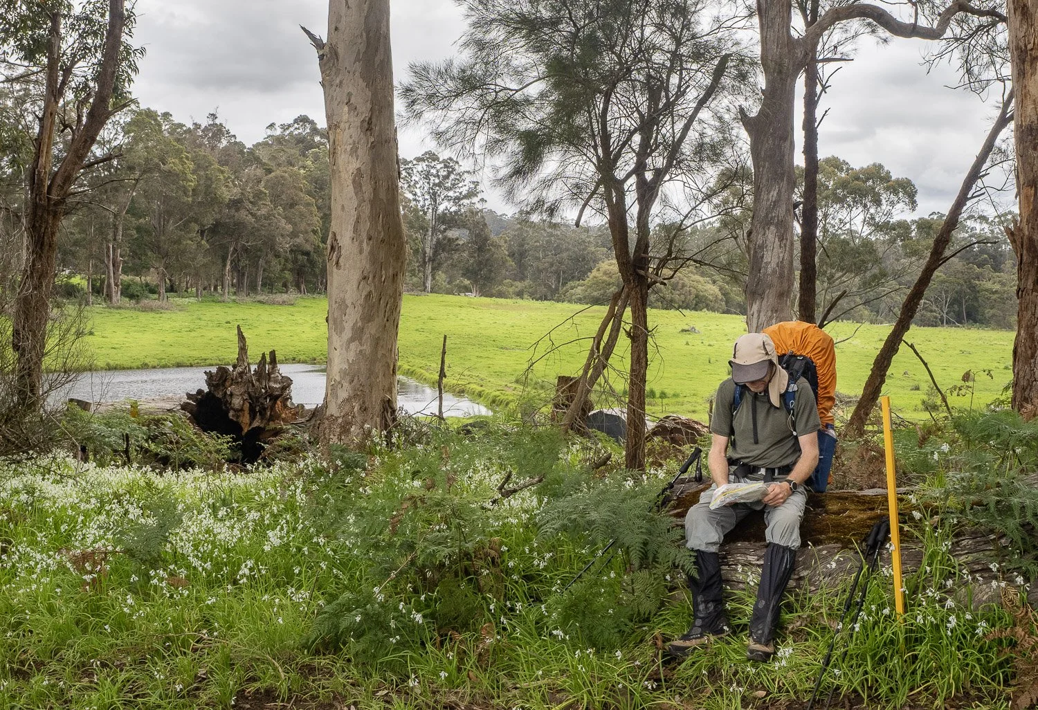 backpacker sitting on log checking map farmland and dam in background