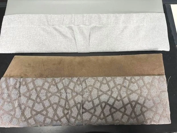 Caravan map pockets Before (bottom): Brown upholstery , After (top): Grey vinyl
