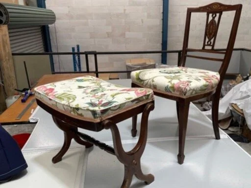 After: reupholstered chair and stool