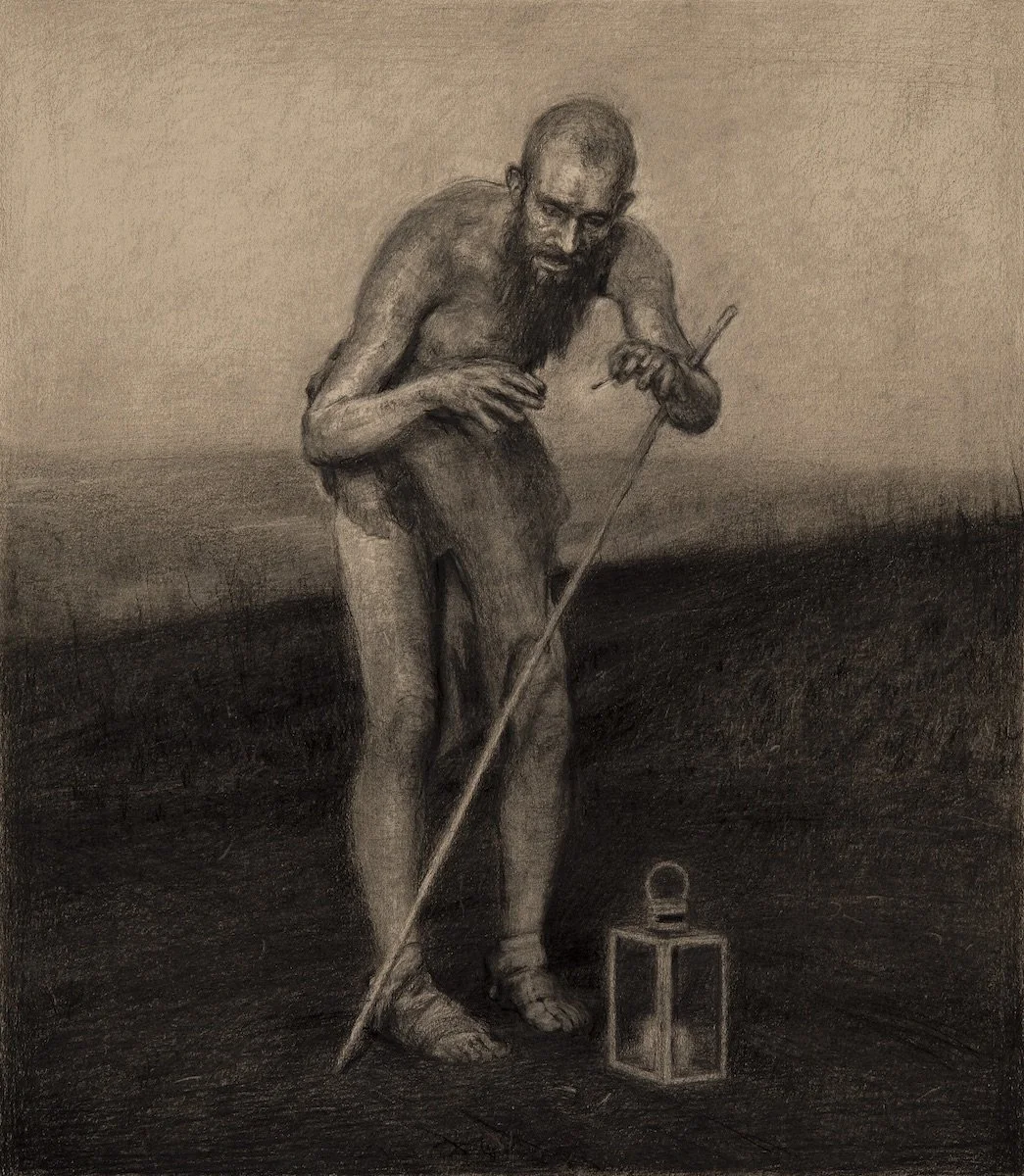 "Old Man and His Last Match" Charcoal on Stonehenge Paper