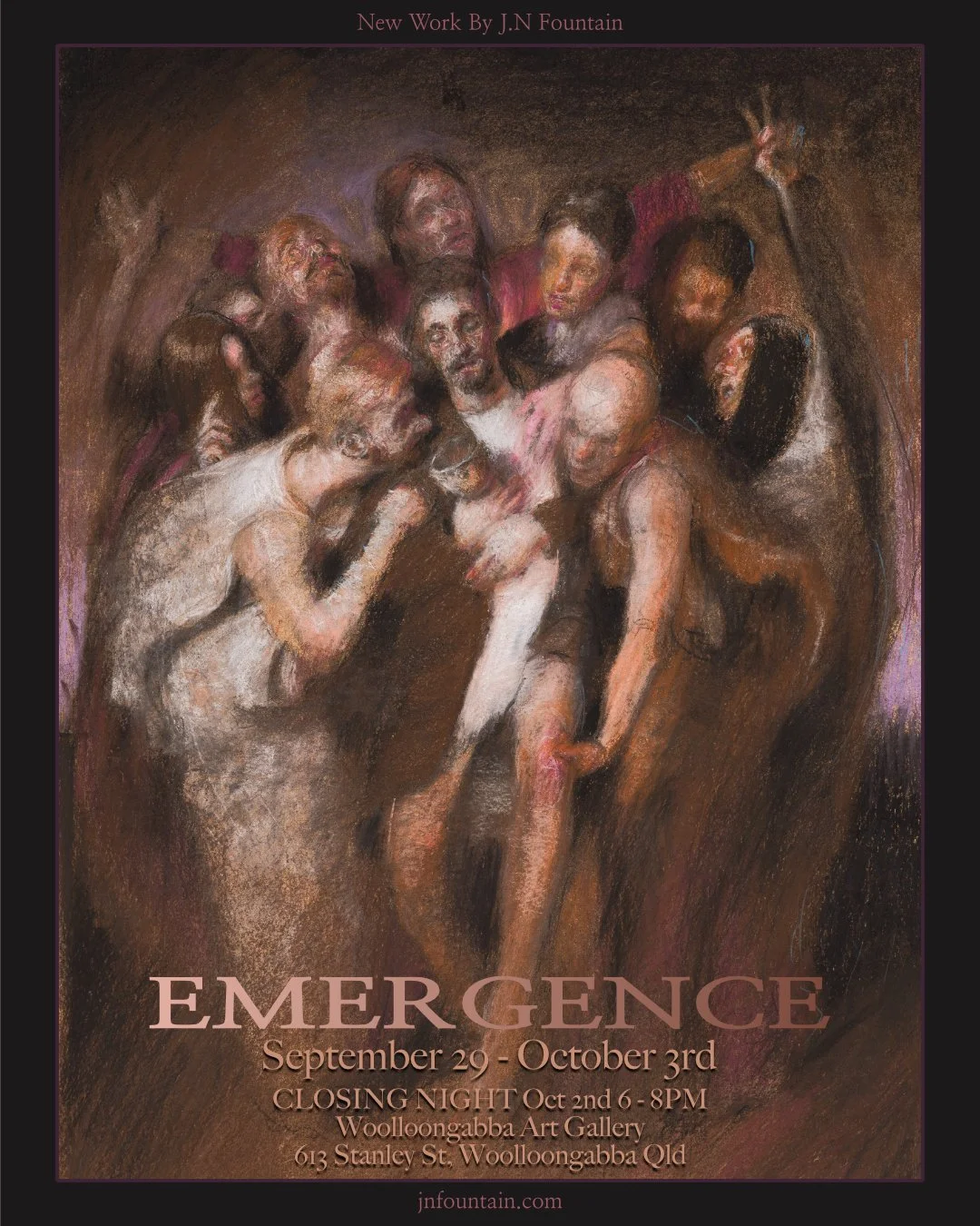 A promotional poster for an art exhibition titled 'Emergence' featuring an abstract painting of a group of diverse people intertwined, exhibiting expressive brushstrokes and warm earthy tones. The event runs from September 29 to October 3 at Woolloongabba Art Gallery in Queensland.