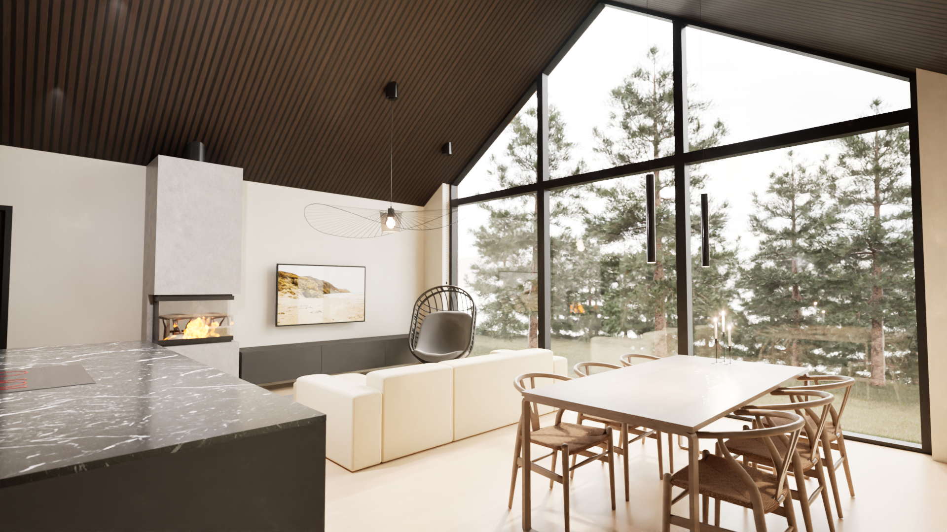 3D-visualisointi olohuonetilasta. Korkea huone, moderni sisustus, isot ikkunat. Avara oleskelutila on yhteydessä ruokailutilaan ja keittiöön. Tyylikäs takka. Omakotitalo tai vapaa-ajan asunto.