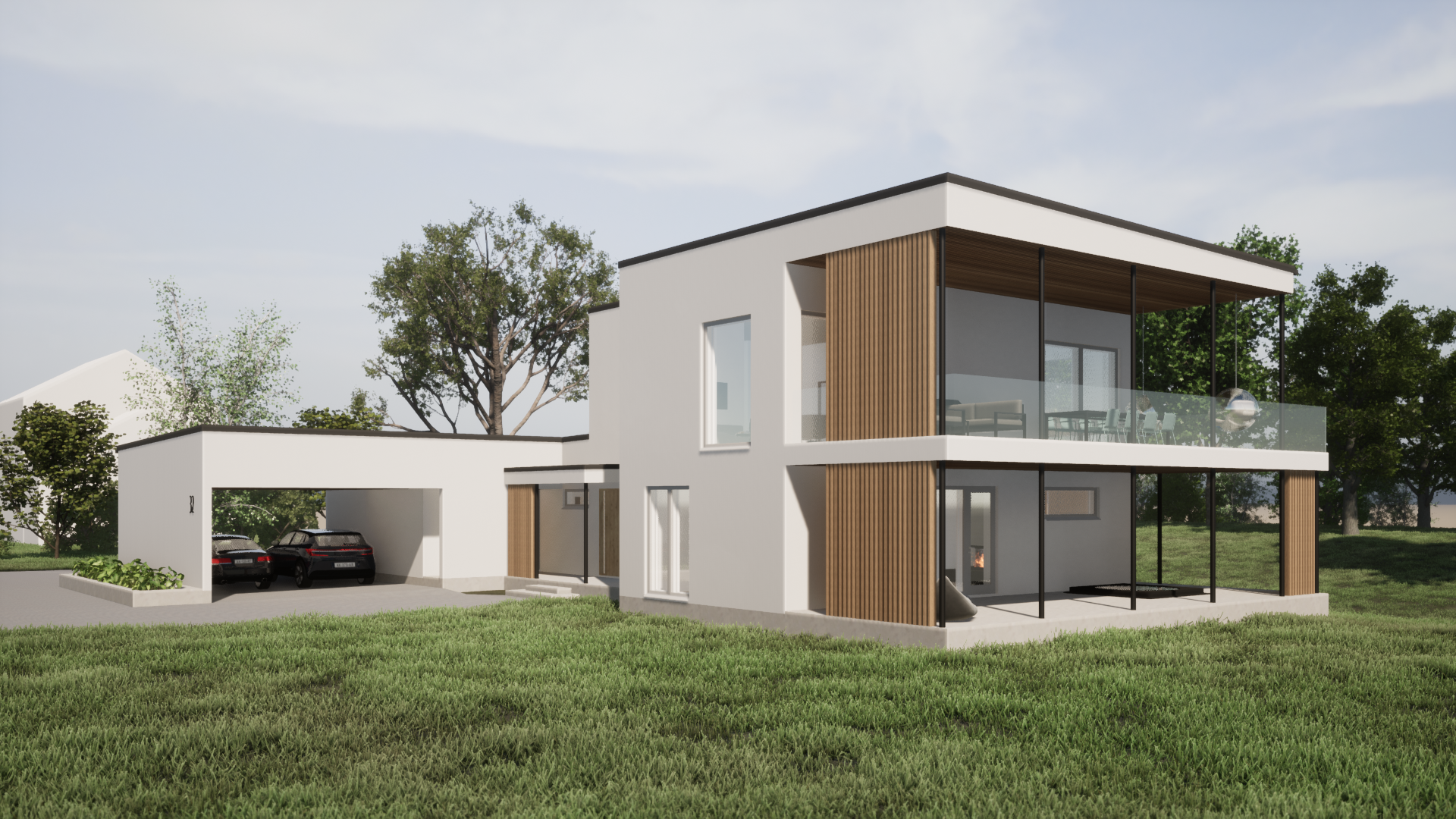 3D-visualisointi modernista 2-kerroksesta omakotitalosta. Kivitalo, valkoinen rappaus ja yksityiskohdissa mustaa ja puurimaa. Talo on sijoitettu luonnon keskelle. Sivurakennuksessa autokatos ja autotalli. Iso parveke, isot ikkunat terassille.