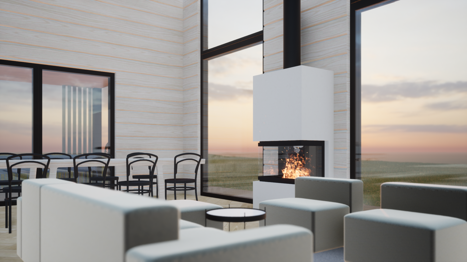 3D-visualisointi modernista olohuonetilasta. Korkea, avoin tila, moderni ja yksinkertainen sisustus. Samaa avointa tilaa ruokailutilan kanssa. Open concept. Isot ikkunat, hirsitalo. Omakotitalo tai vapaa-ajan asunto eli moderni mökki.