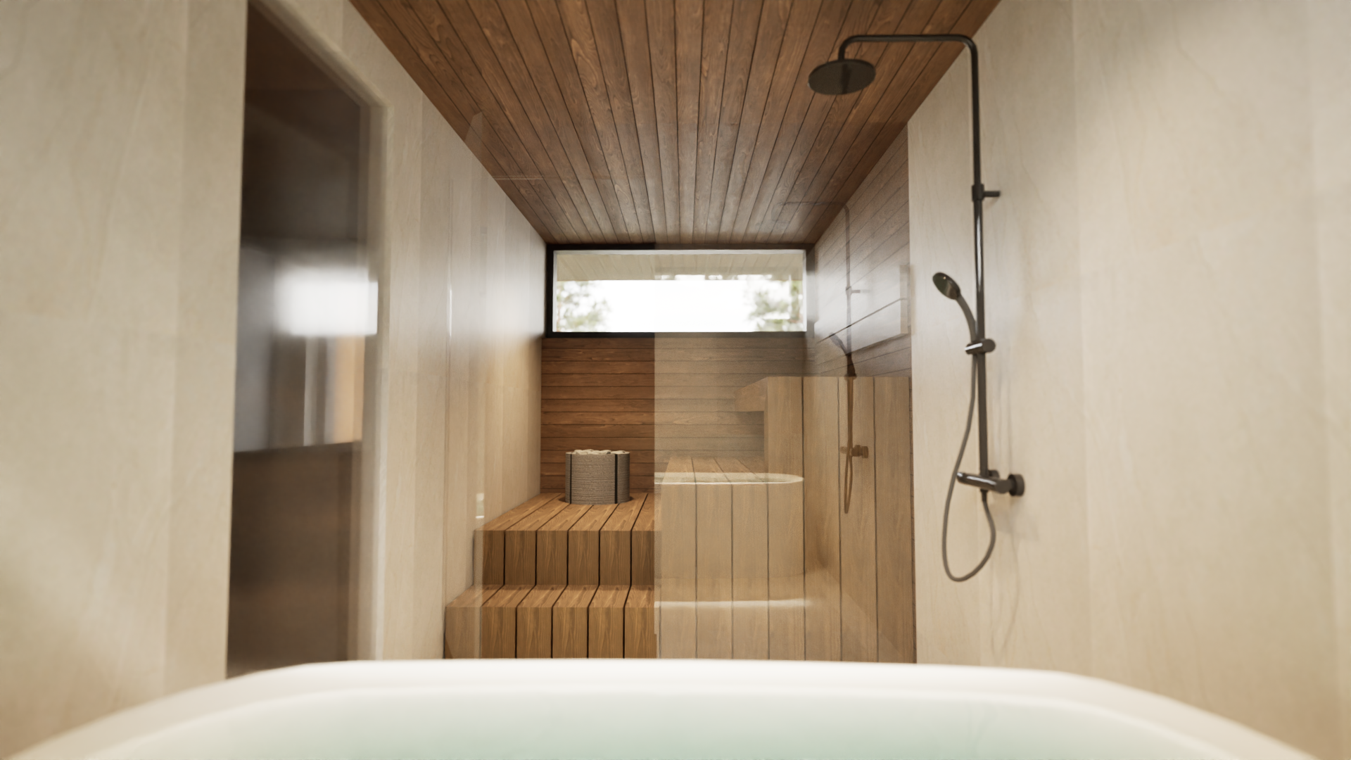 Visualisointikuva modenista pesuhuoneesta ja saunasta.