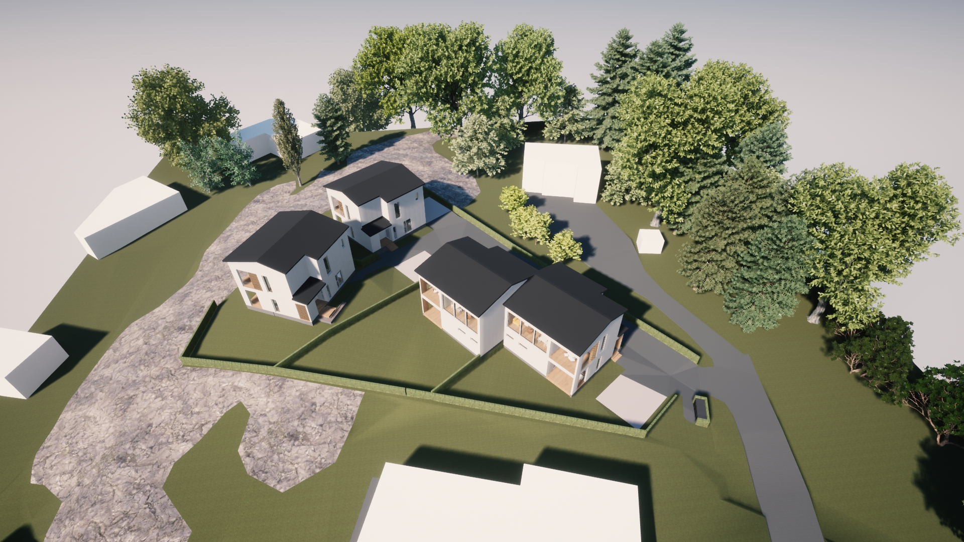 3D-visualisointi tonttisuunnitelmasta, jossa on neljä asuntoa kahdessa omakotitalossa ja yhdessä paritalossa. Tontin käyttö on tehokasta. Talojen tyyli on moderni ja näyttävä. Vaalea puuverhous, peltikatot. Isoja ikkunoita.