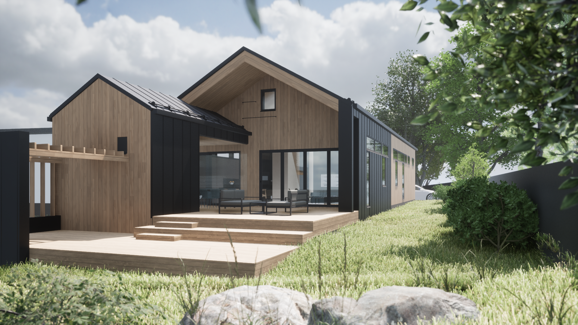 3D-visualisointi modernista puutalosta. Yksikerroksinen, kapea ja hyvin tontille sopiva puuverhoiltu omakotitalo. Tummia yksityiskohtia, katon peltiverhous jatkuu myös julkisivussa. Vehreä piha.