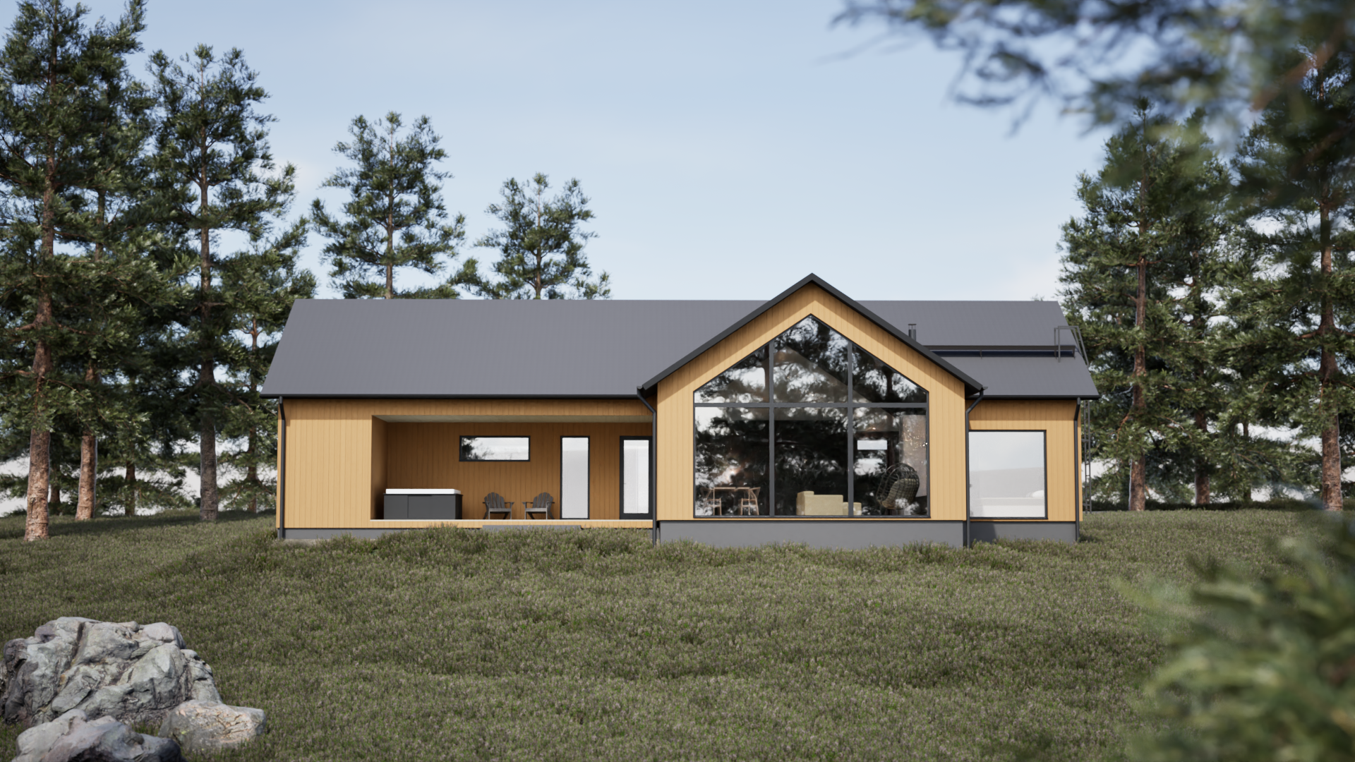 Visualisointi puutalosta ulkopuolelta