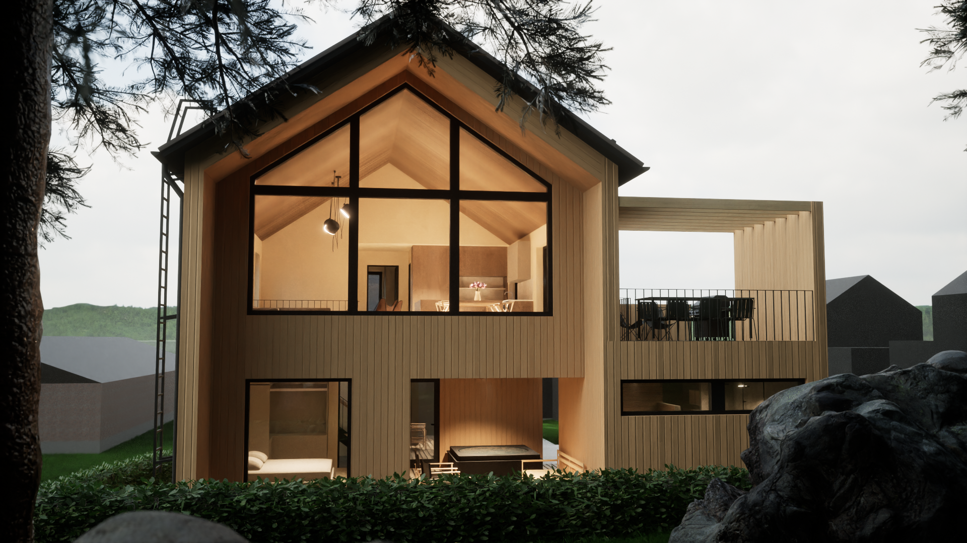 moderni puutalon visualisoitu havainnekuva, jossa näkyy isot ikkunat ja jyrkkä harjakatto