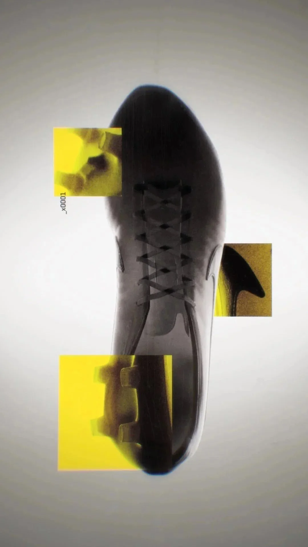 Black high-heeled shoe with yellow-highlighted close-up images of the shoe's materials and details.