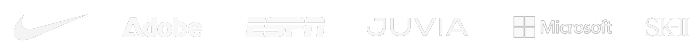 Logos of Nike, Adobe, ESPN, Juvia, Microsoft, and SK-II in black and white.