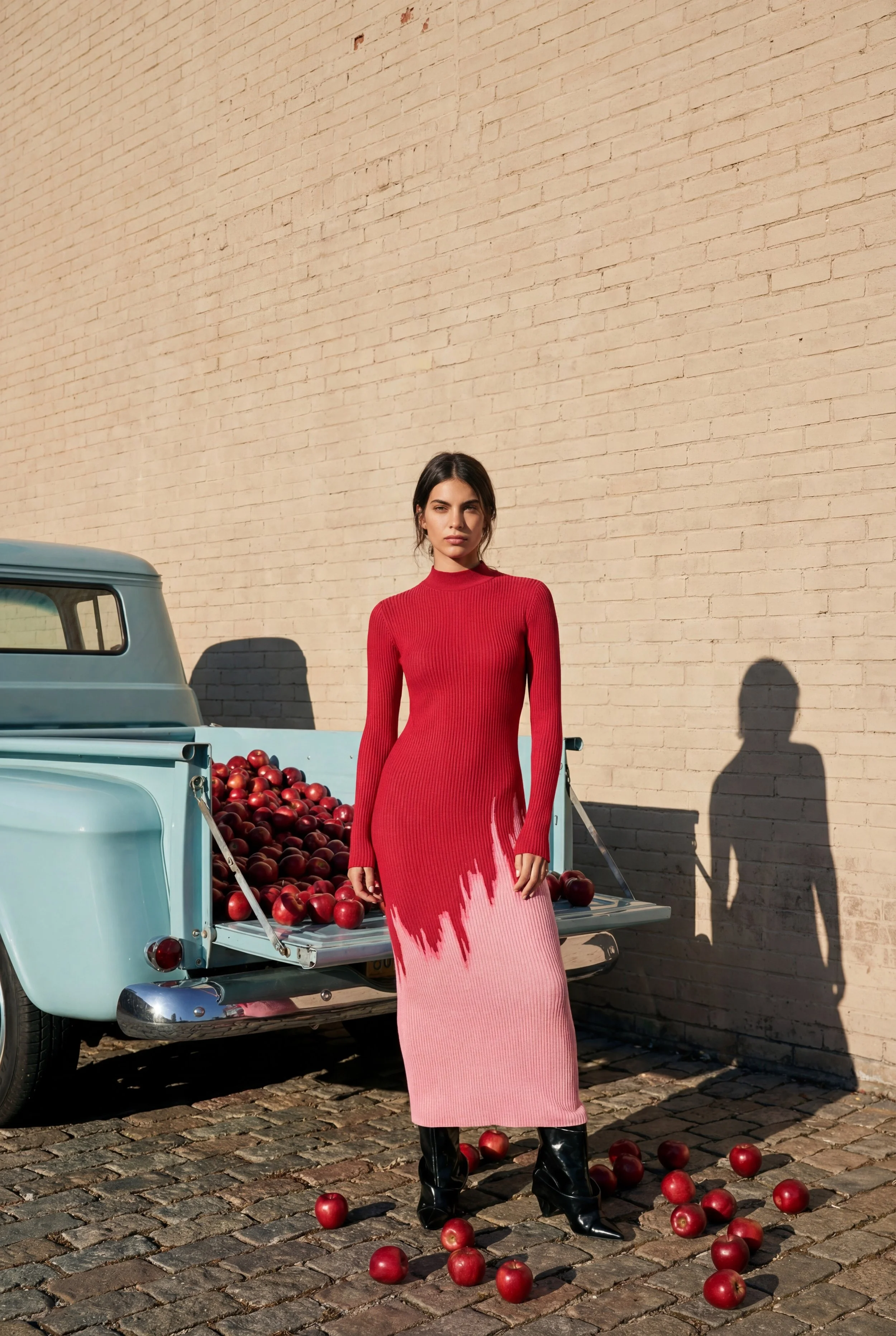 A woman in a red and pink knitted dress and black boots standing on cobblestone ground with scattered apples, next to a vintage blue truck filled with apples, against a beige brick wall.