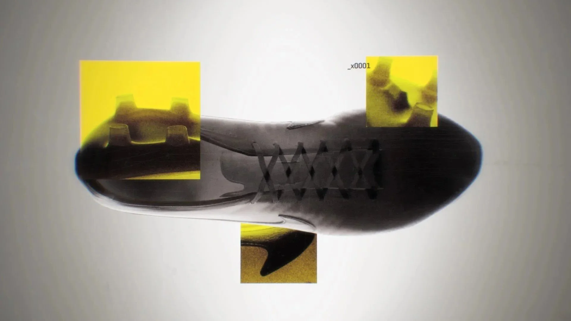 X-ray image of a shoe with multiple yellow highlighted areas showing internal structures and components.