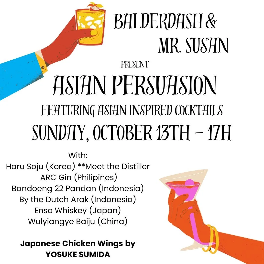 Event poster for Asian Persuasion featuring Asian inspired cocktails, with illustrations of hands holding drinks at the top left and bottom right.