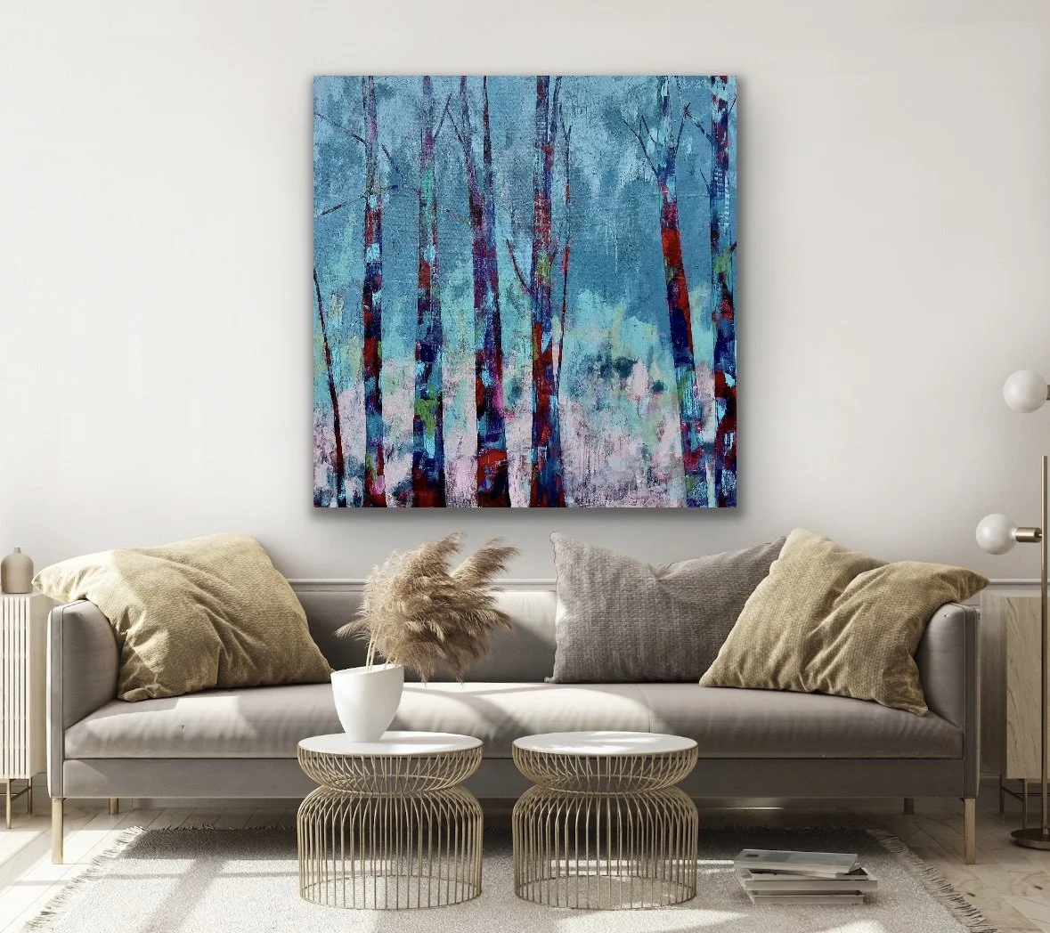 Winter Blush — 48 × 48 inches. Original acrylic painting shown in a styled interior for scale. Room setting is a visualization.