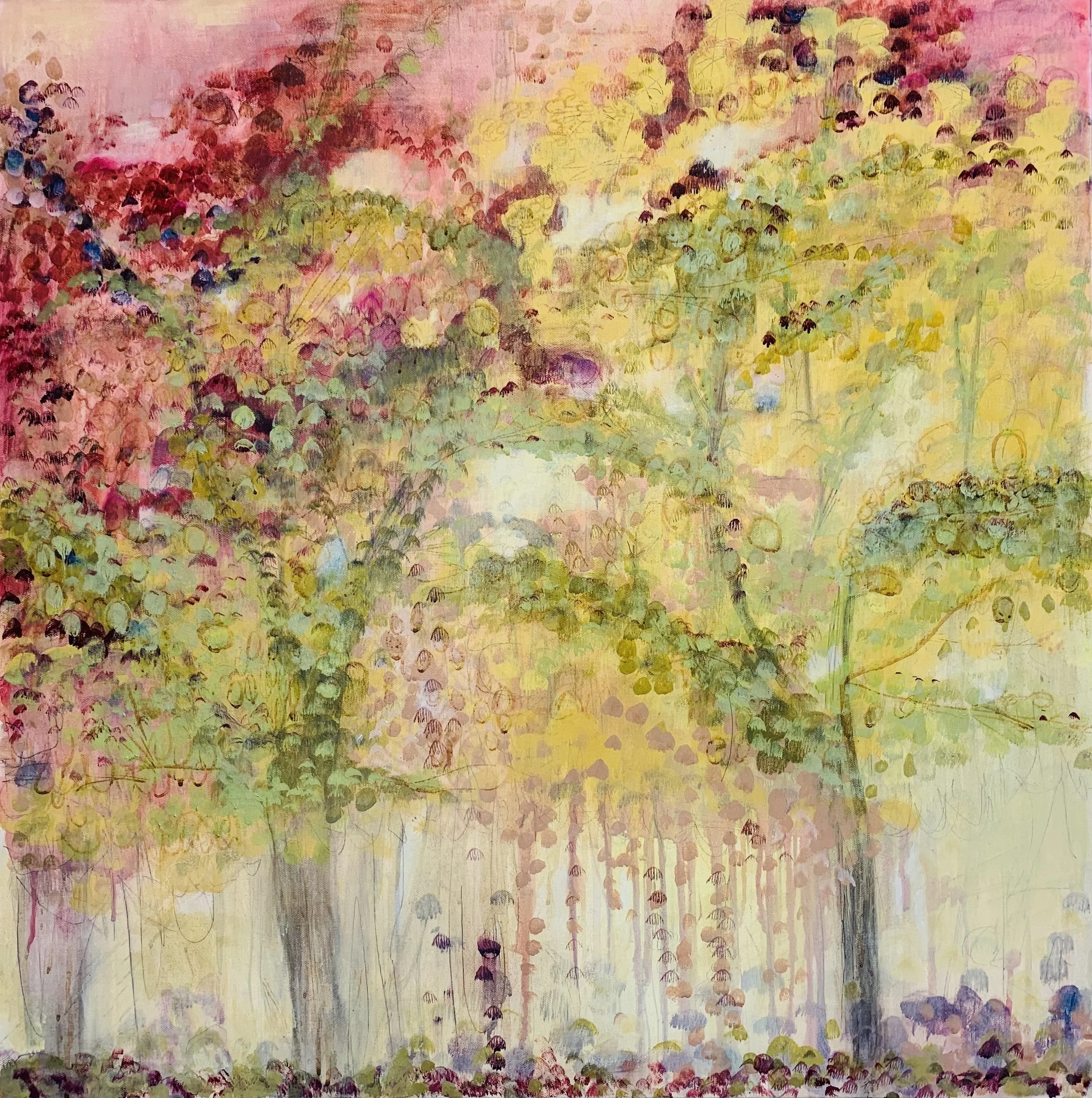 Contemporary abstract tree painting titled Under the Sugar Maples, featuring colorful trees and an expressive landscape by Colorado artist Kelley James.