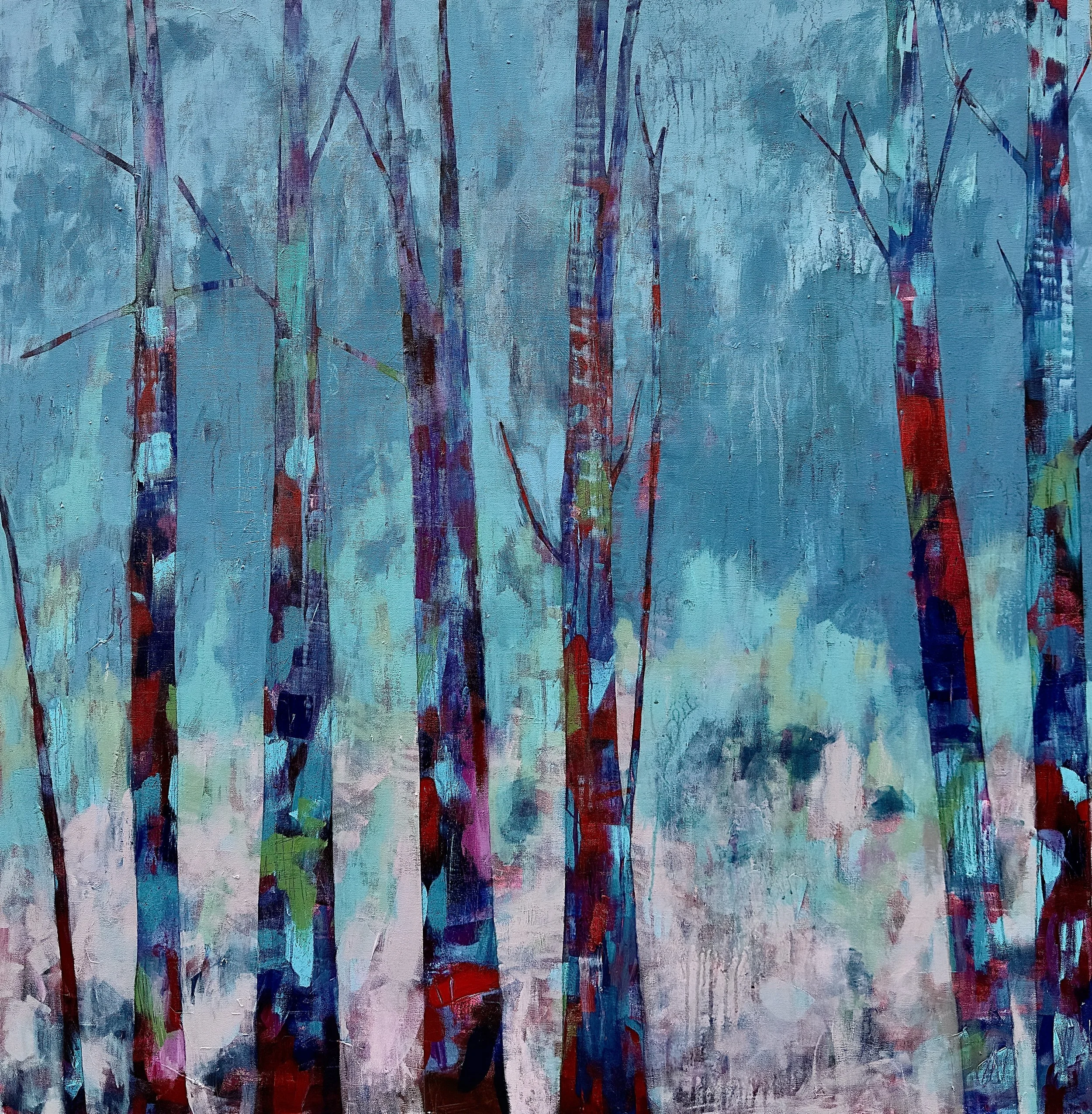 Winter Blush is a 48 × 48-inch original abstract acrylic painting by Denver artist Kelley James. An expressive woodland composition with layered color and texture.