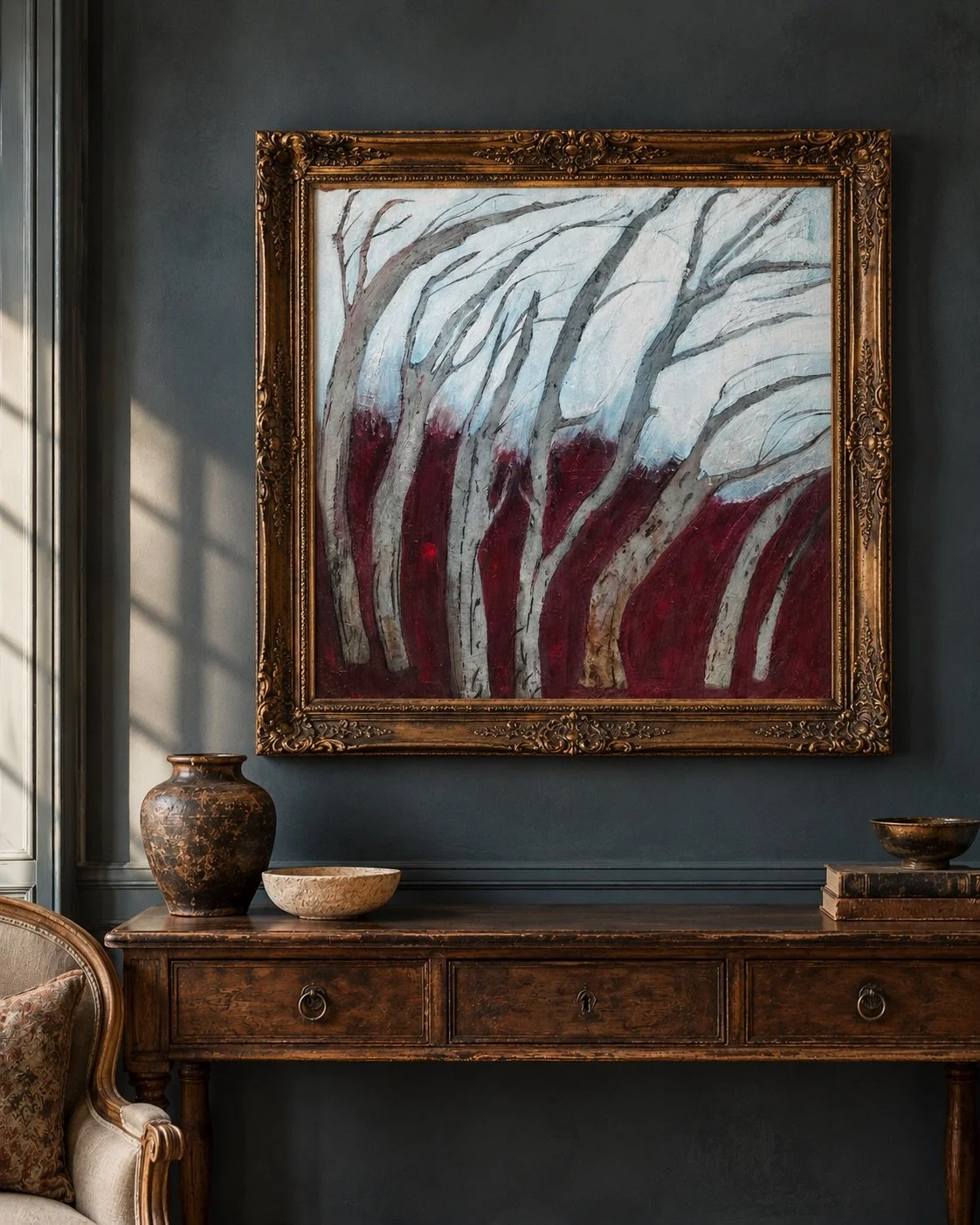 Winter Quiet — 24 × 24 inches. Original acrylic painting shown in a styled interior for scale. Frame shown for visualization only.