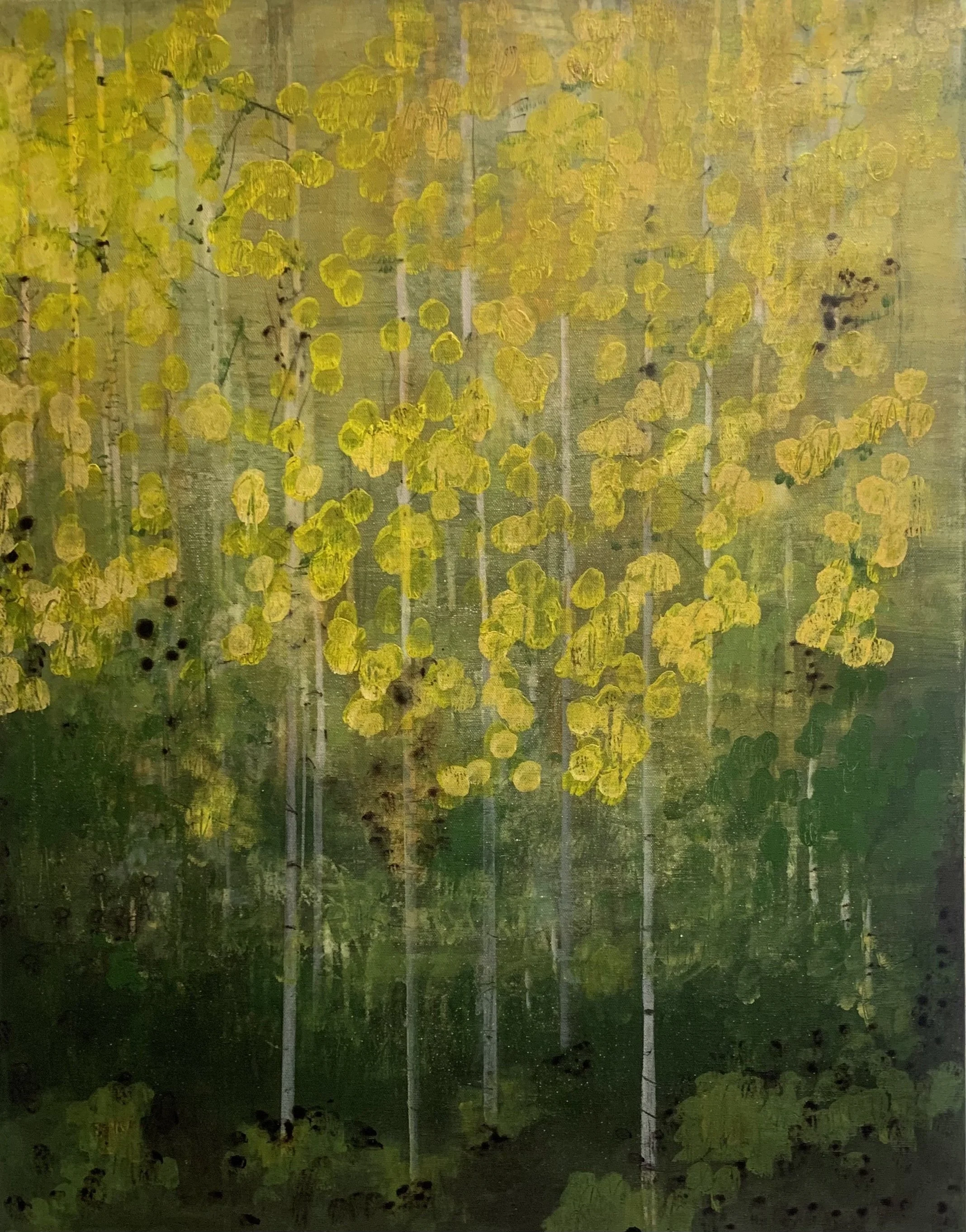 Abstract painting of golden aspen trees with vibrant autumn colors, titled Stay Gold by Colorado artist Kelley James.