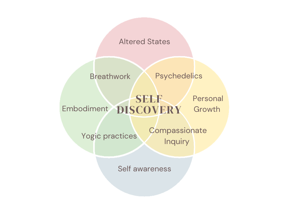 A Venn diagram showing five interconnected circles labeled 'Altered States,' 'Personal Growth,' 'Self-awareness,' 'Embodiment,' and 'Psychedelics,' with overlapping areas highlighting concepts like 'Breathwork,' 'Yogic practices,' 'Compassionate Inquiry,' and 'Self Discovery' in the center.