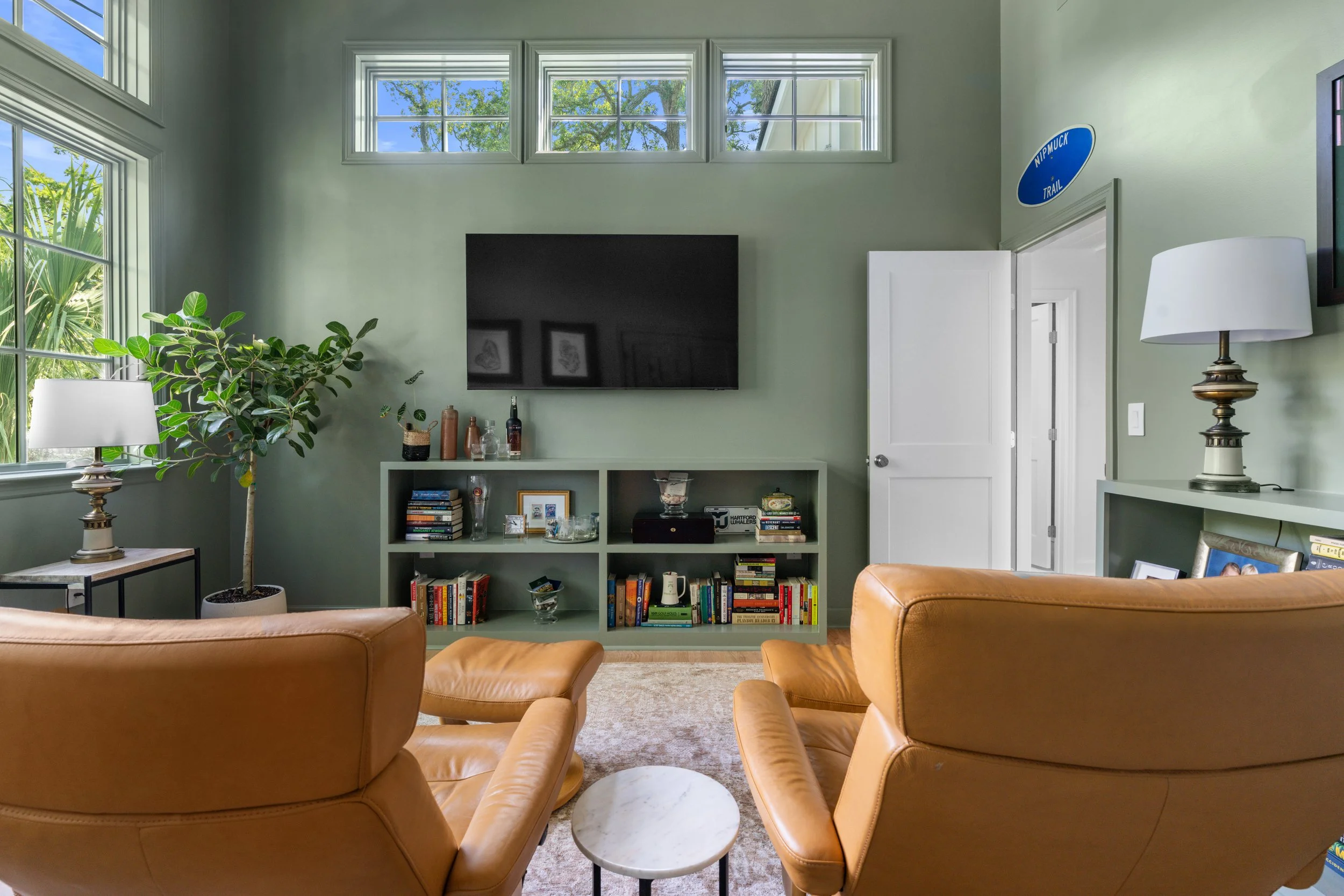 Living room with green walls, a wall-mounted TV, and a green bookshelf filled with books and decorative items. Two tan leather chairs face the TV, and there are windows with trees visible outside. A potted plant is near the windows, and lamps are on 
