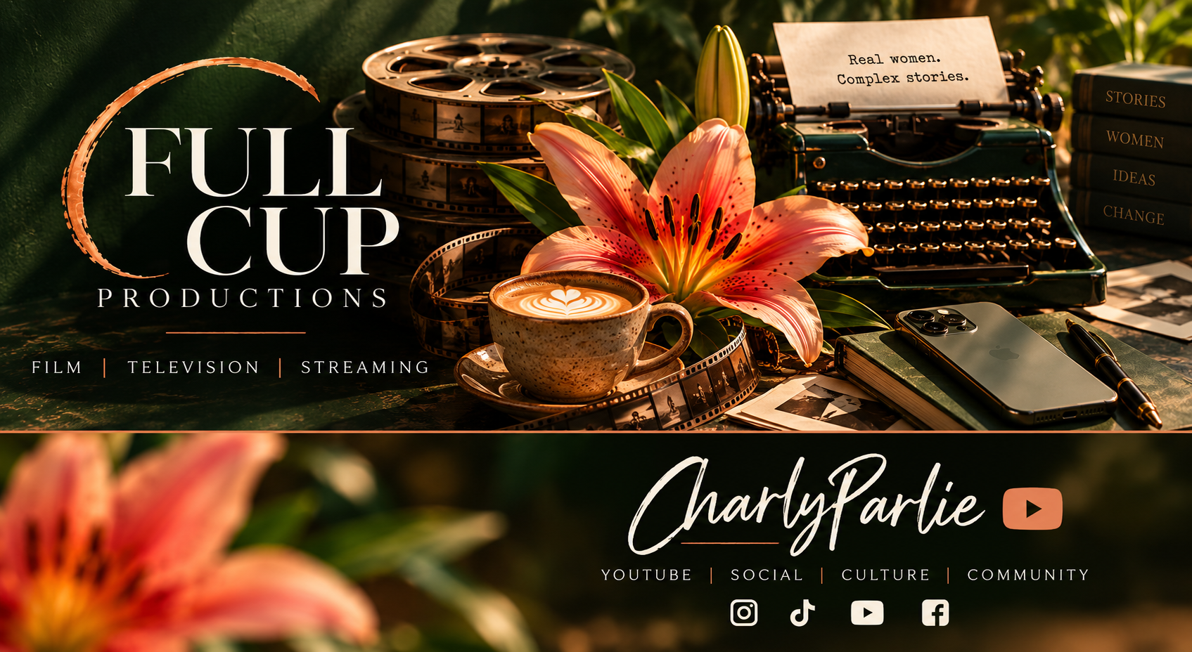 Full Cup Productions and CharlyParlie branding: film reels, a lily, a coffee cup, a vintage typewriter and a phone