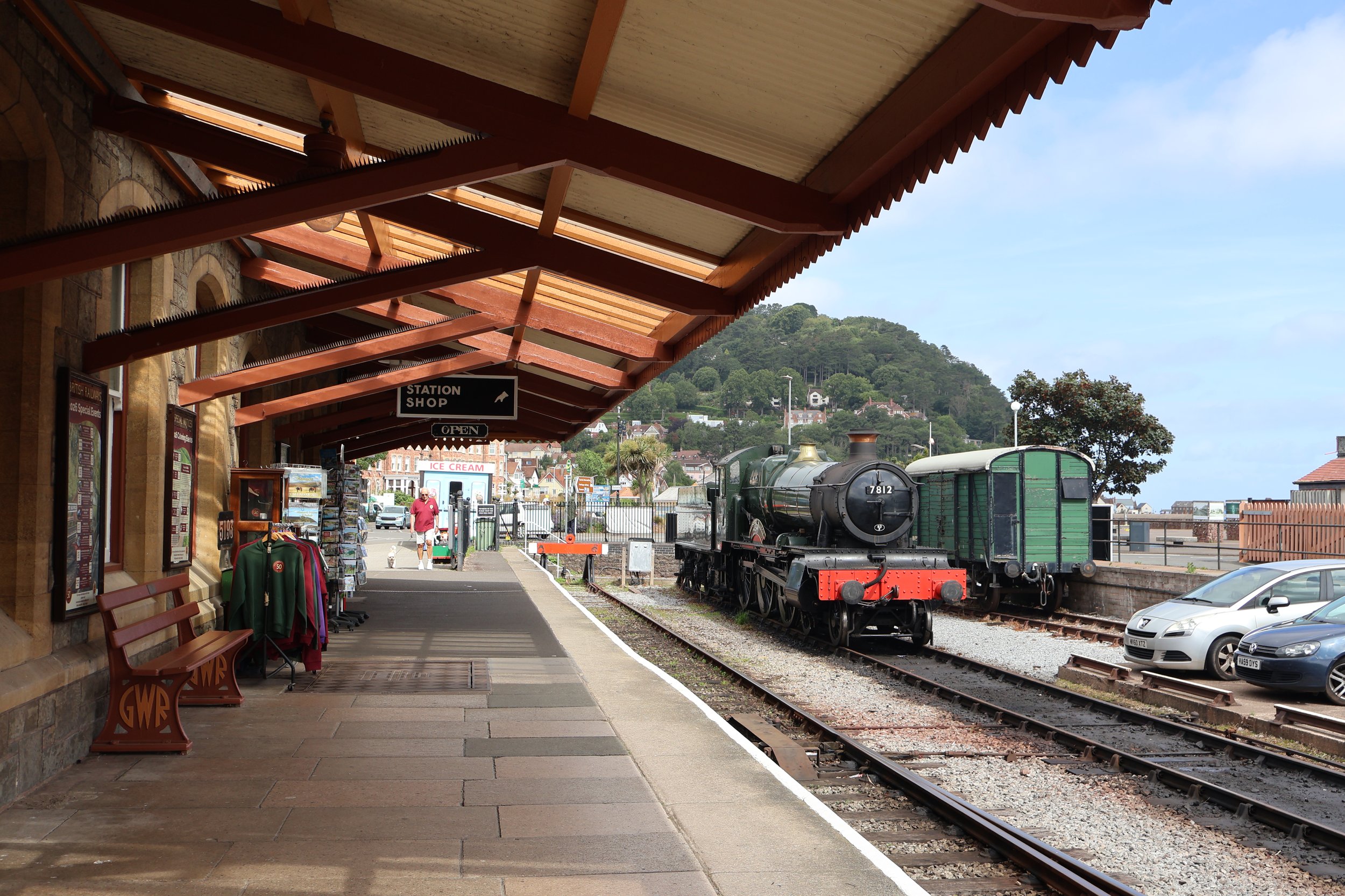 A steam engine waiting at Minehead Railway Station