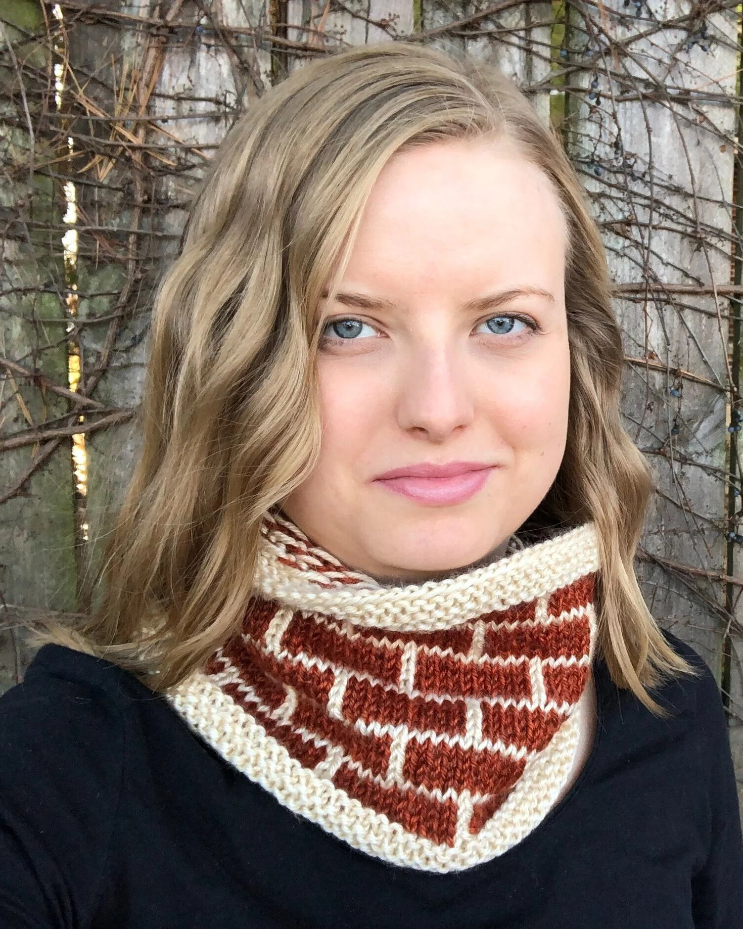 I'm wearing the Urbanesca Cowl - a brick inspired knit that I designed!