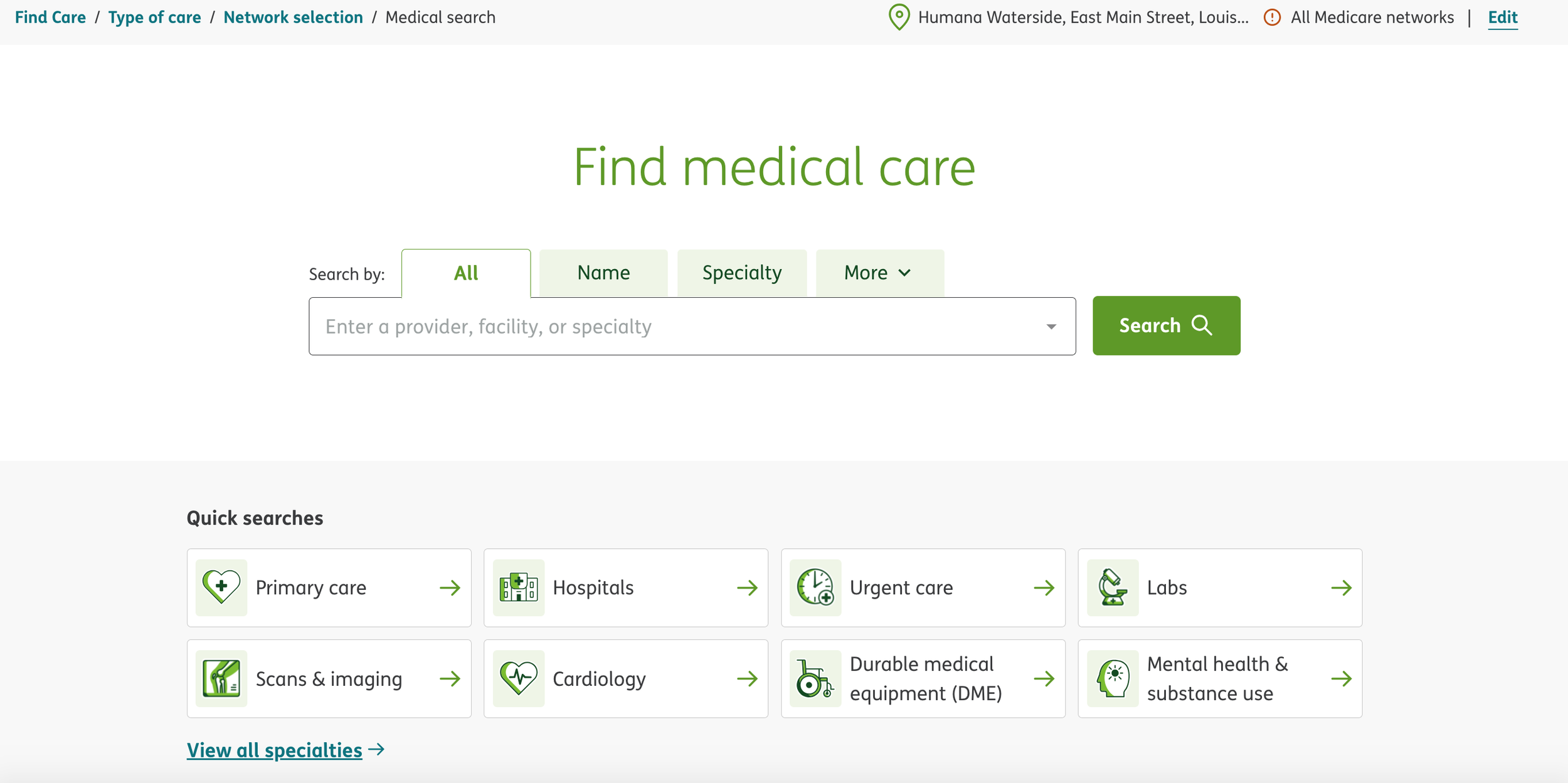 How the "Find Care" search looks today.