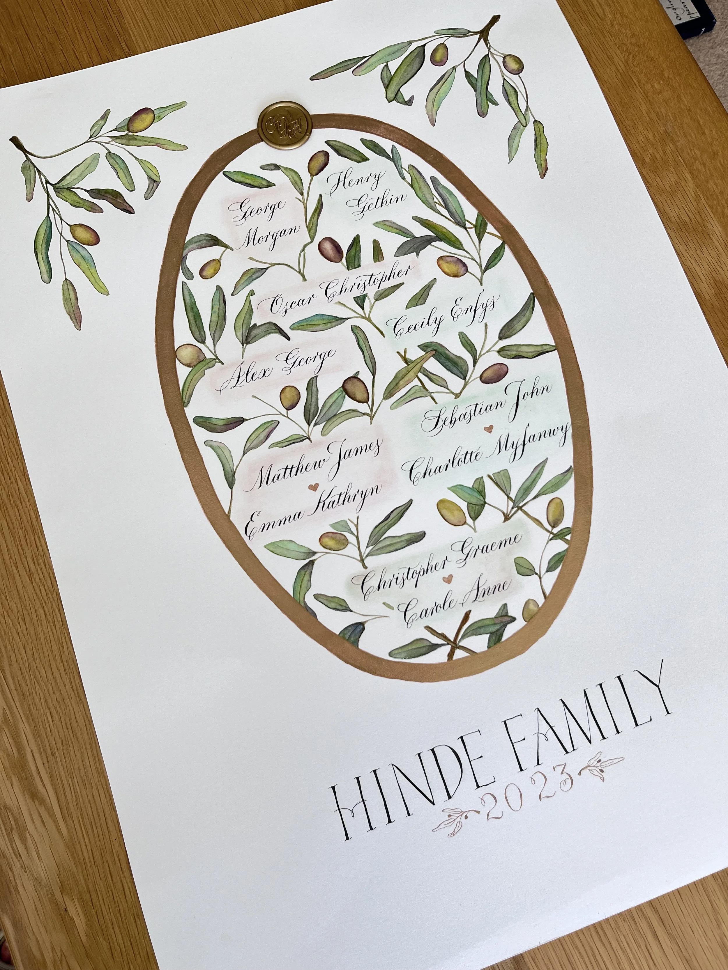Modern Olive watercolour Family tree with handwritten calligraphy