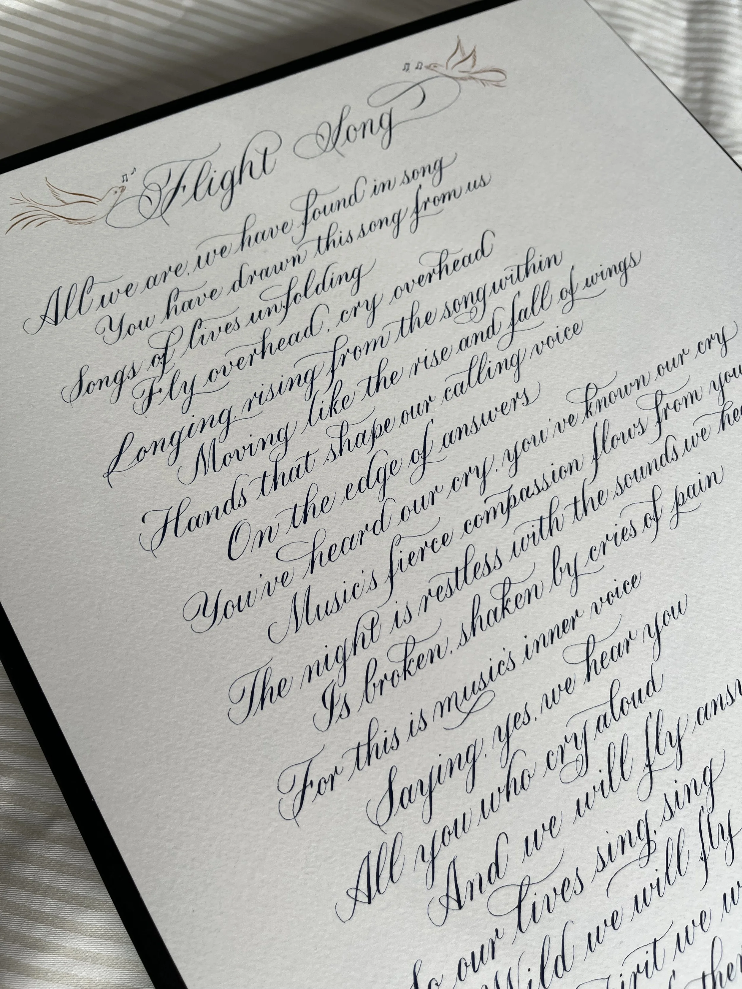 Flight Song handwritten in blue ink, copperplate.  Gift for partner