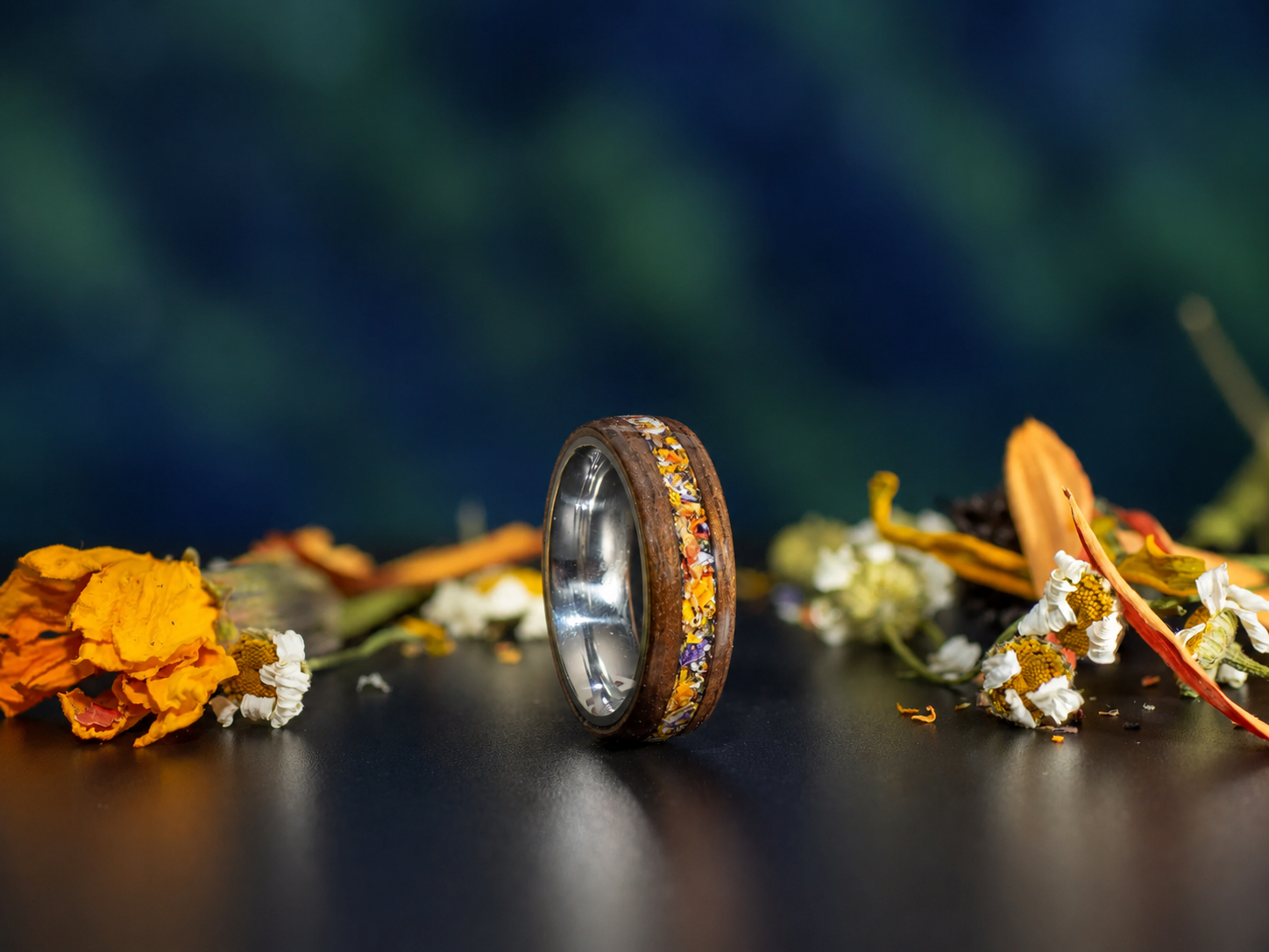 Rosewood Flower Keepsake Ring with Stainless Steel Core