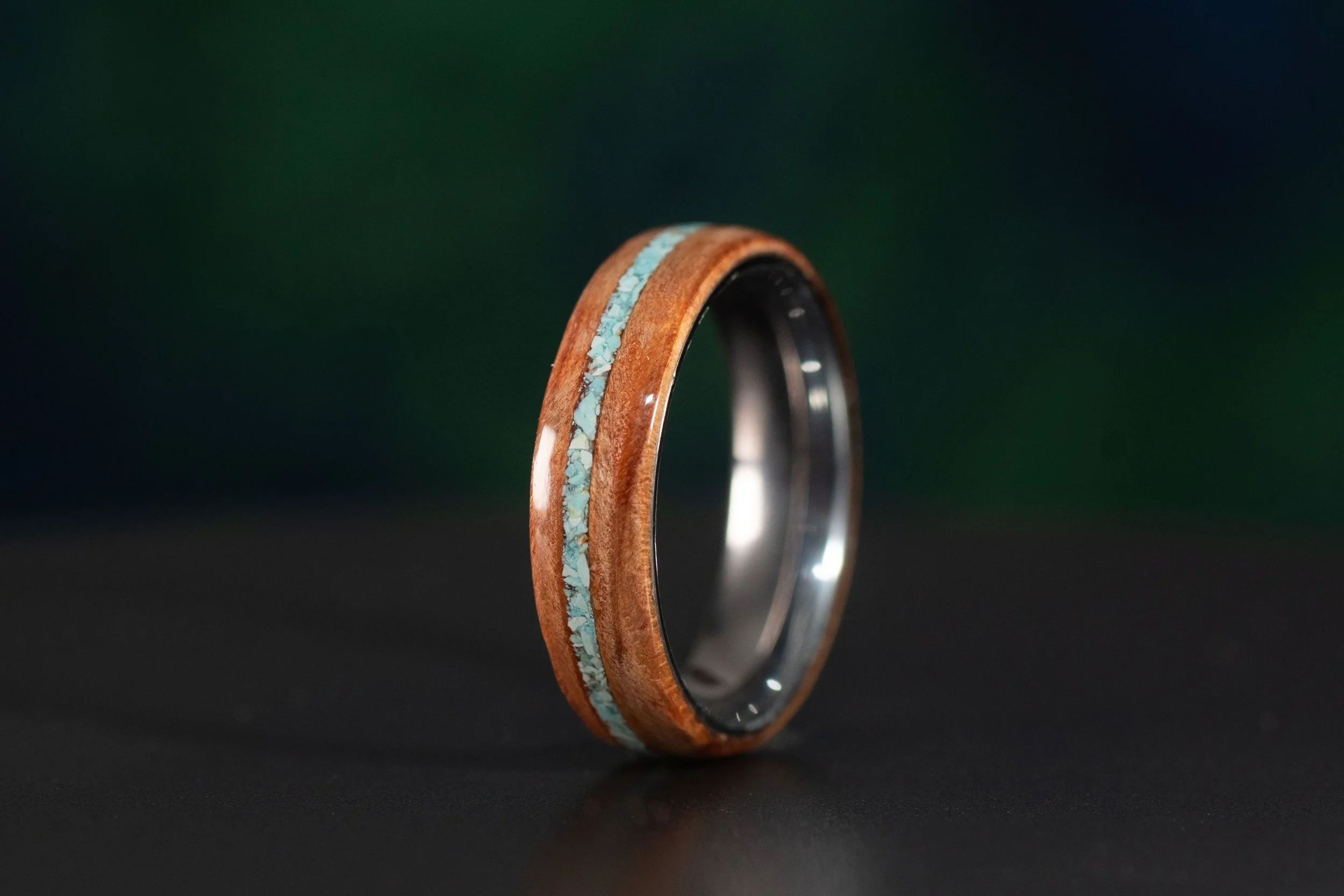 Redwood wood ring with thin turquoise inlay