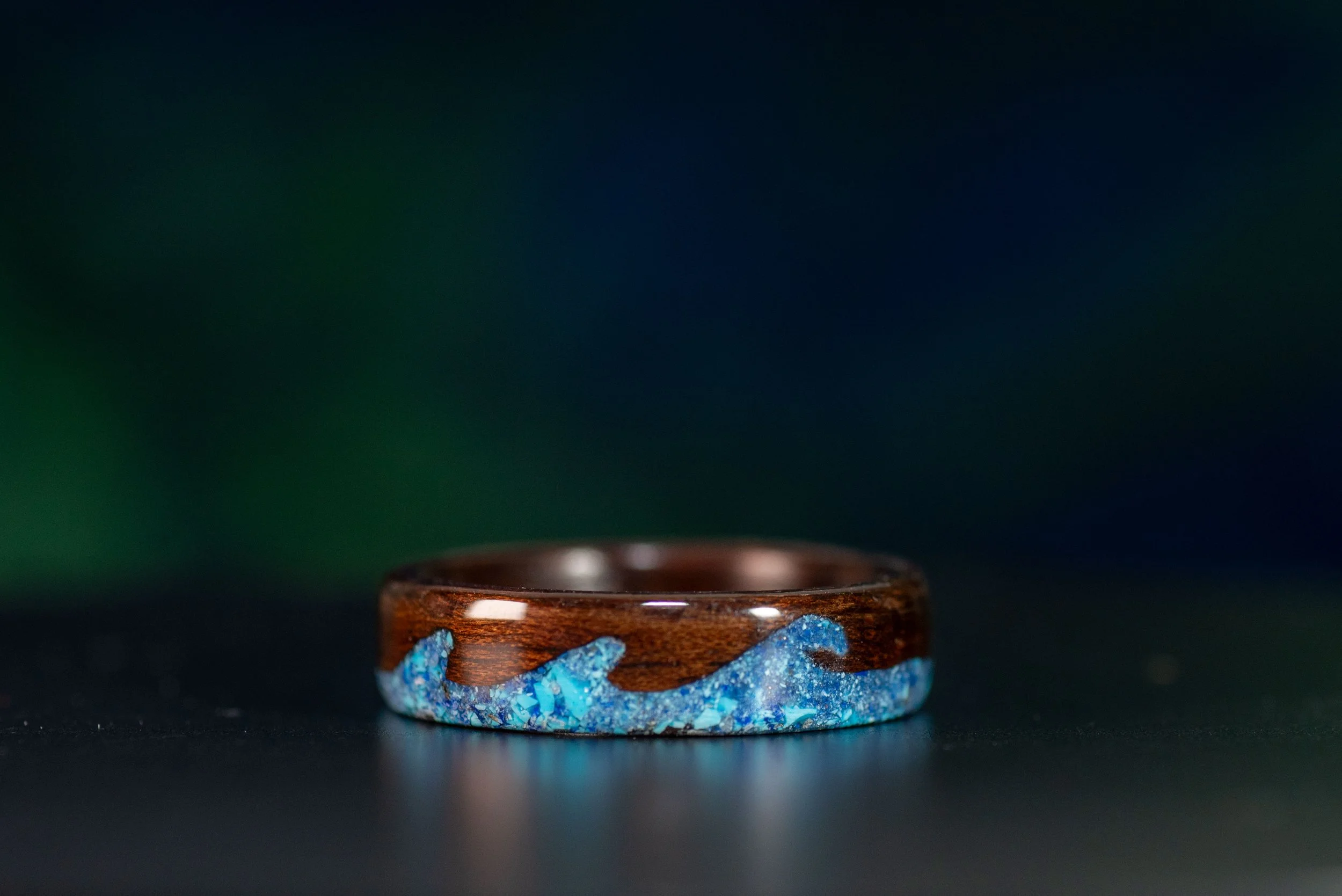Smoked Rosewood Ocean Ring with Triple Turquoise & Lapis Lazuli Waves