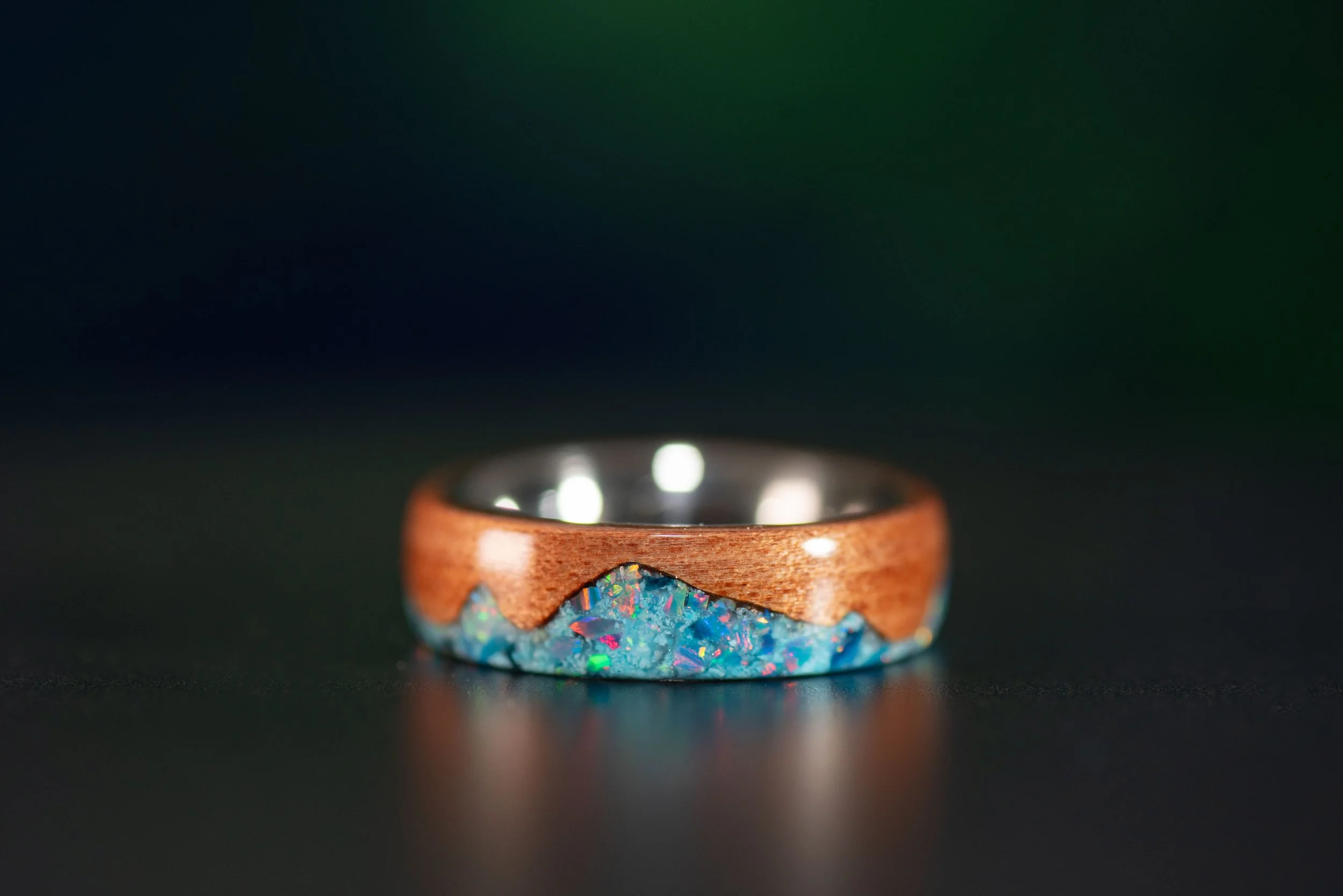 Tineo wood ring with blue opal turquoise mountain inlay