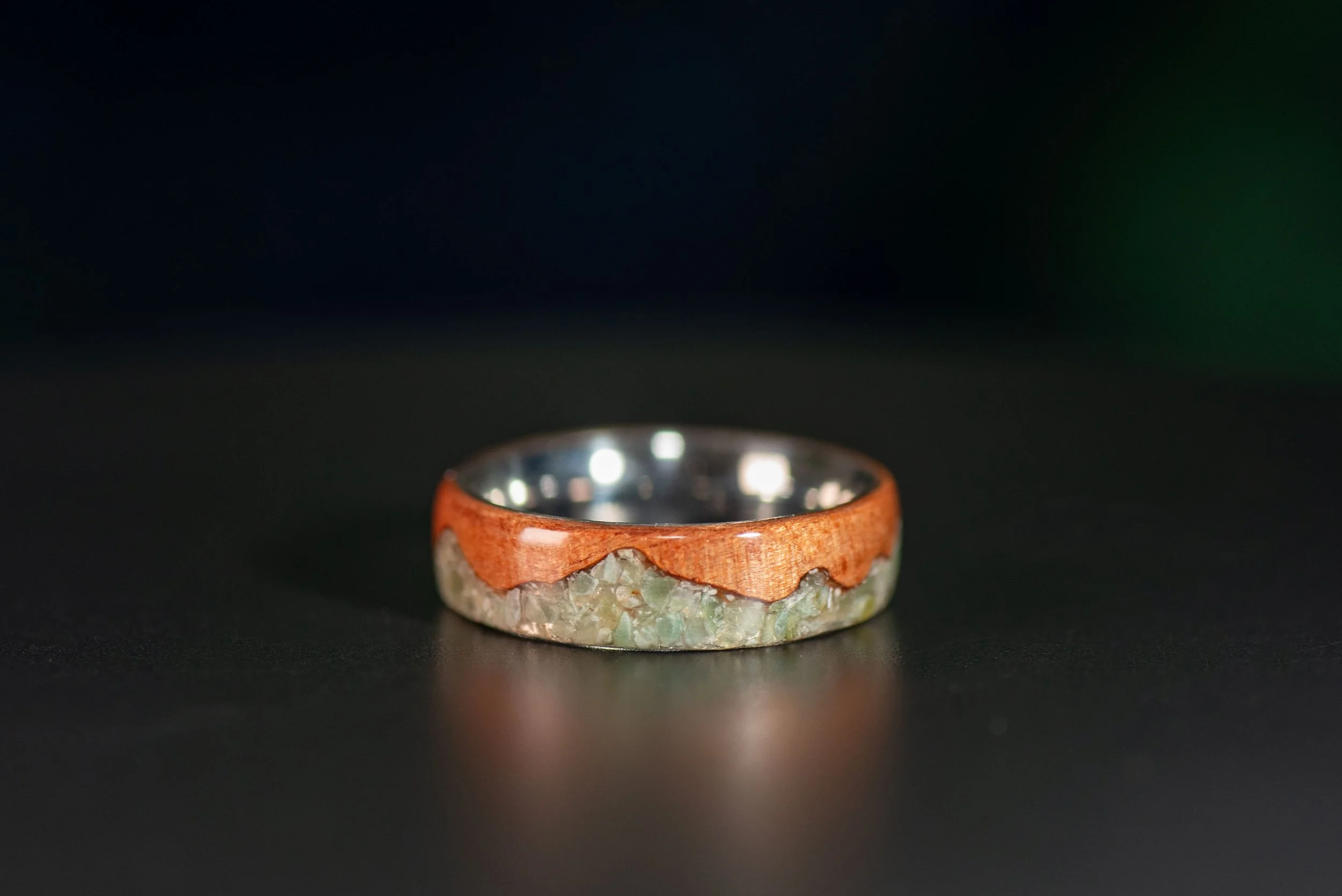 Custom handmade Tineo wood ring with green jade