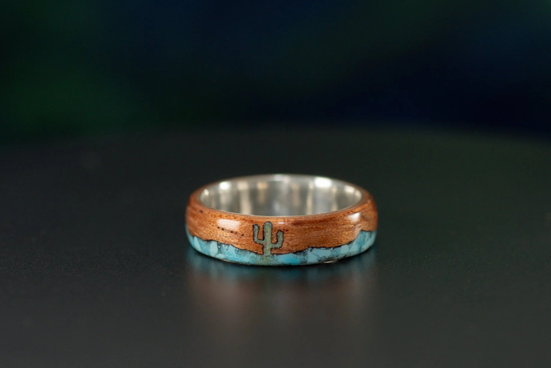 Cedar Wood Ring with Turquoise Cactus & Mountain Inlay | Southwest Ring